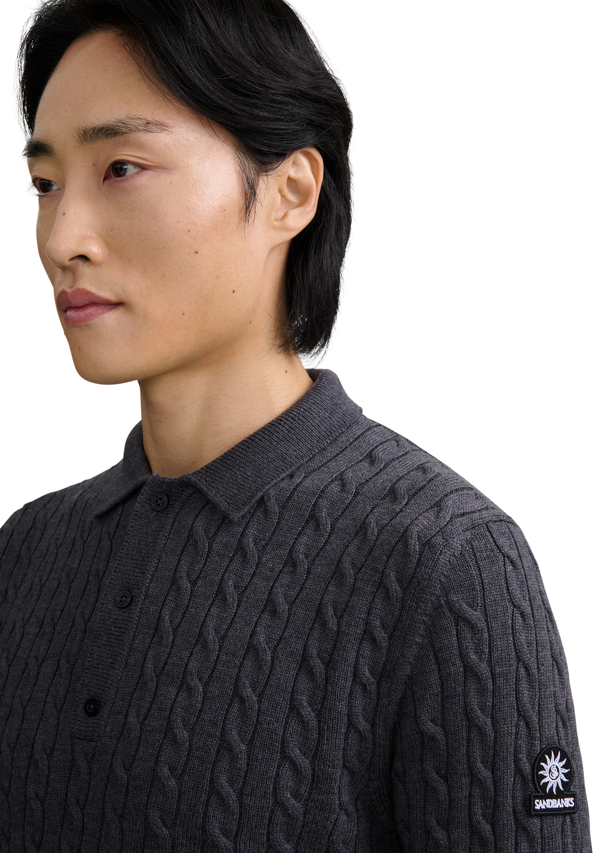 Merino Wool Cable Knit Polo Shirt - Anthracite