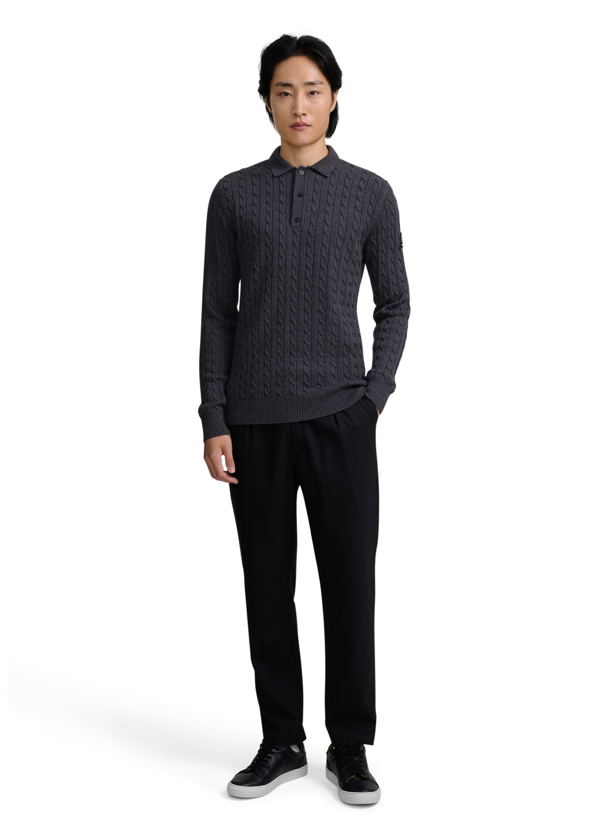 Merino Wool Cable Knit Polo Shirt - Anthracite