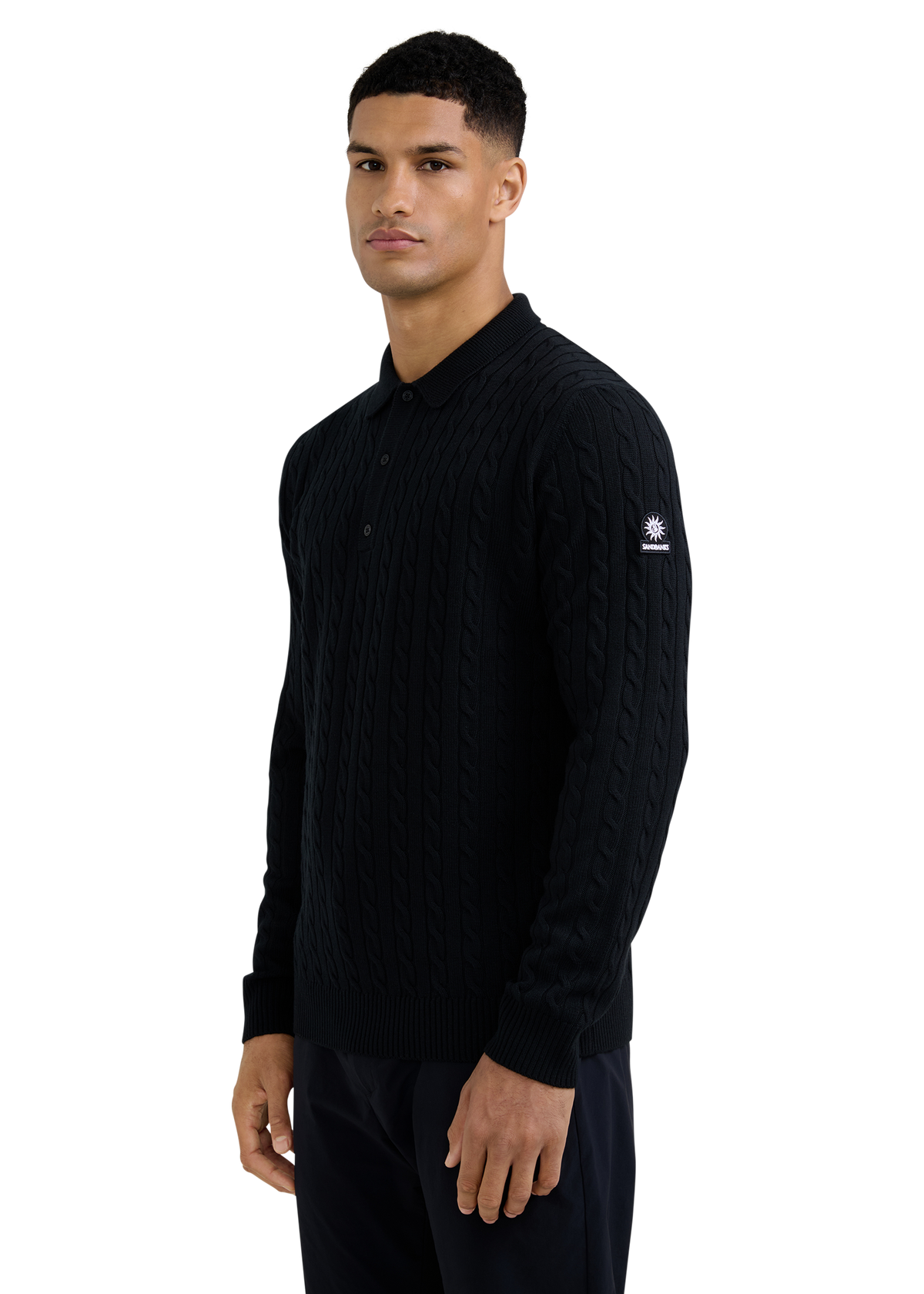 Merino Wool Cable Knit Polo Shirt - Black