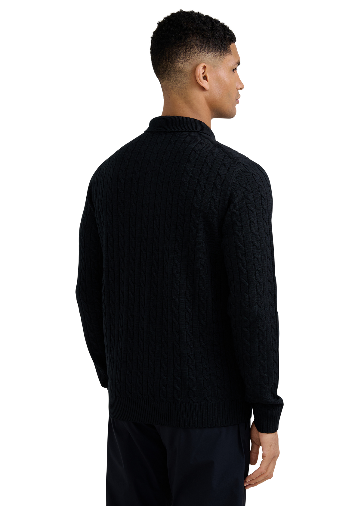 Merino Wool Cable Knit Polo Shirt - Black