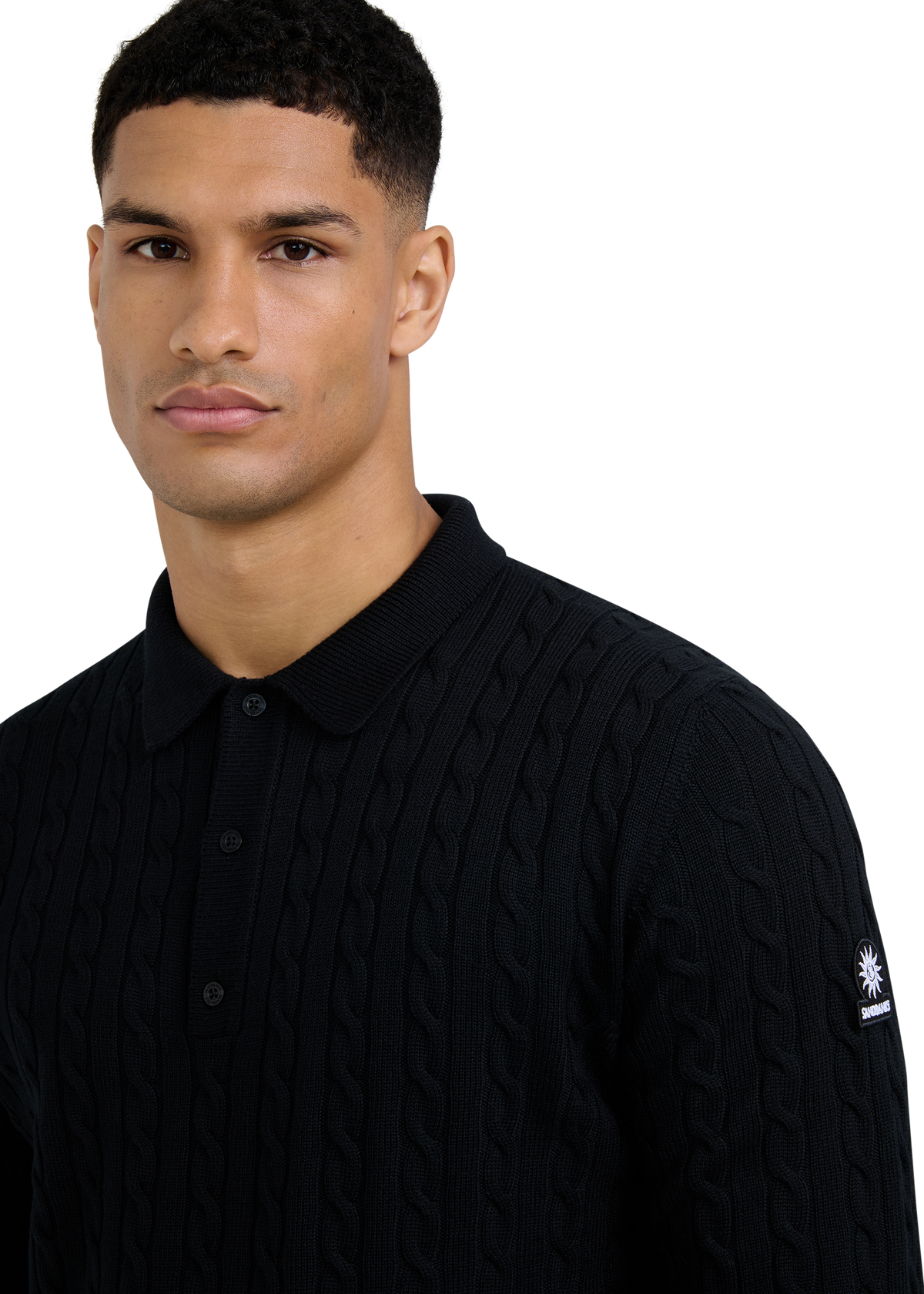Merino Wool Cable Knit Polo Shirt - Black