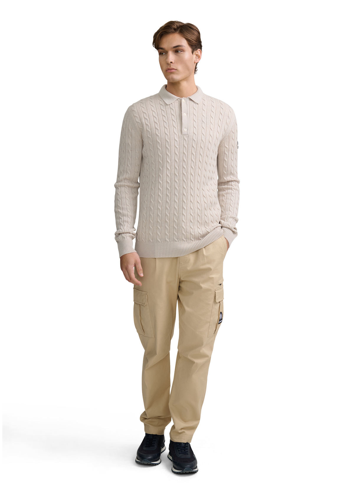 Merino Cable Knit Polo Shirt - Stone