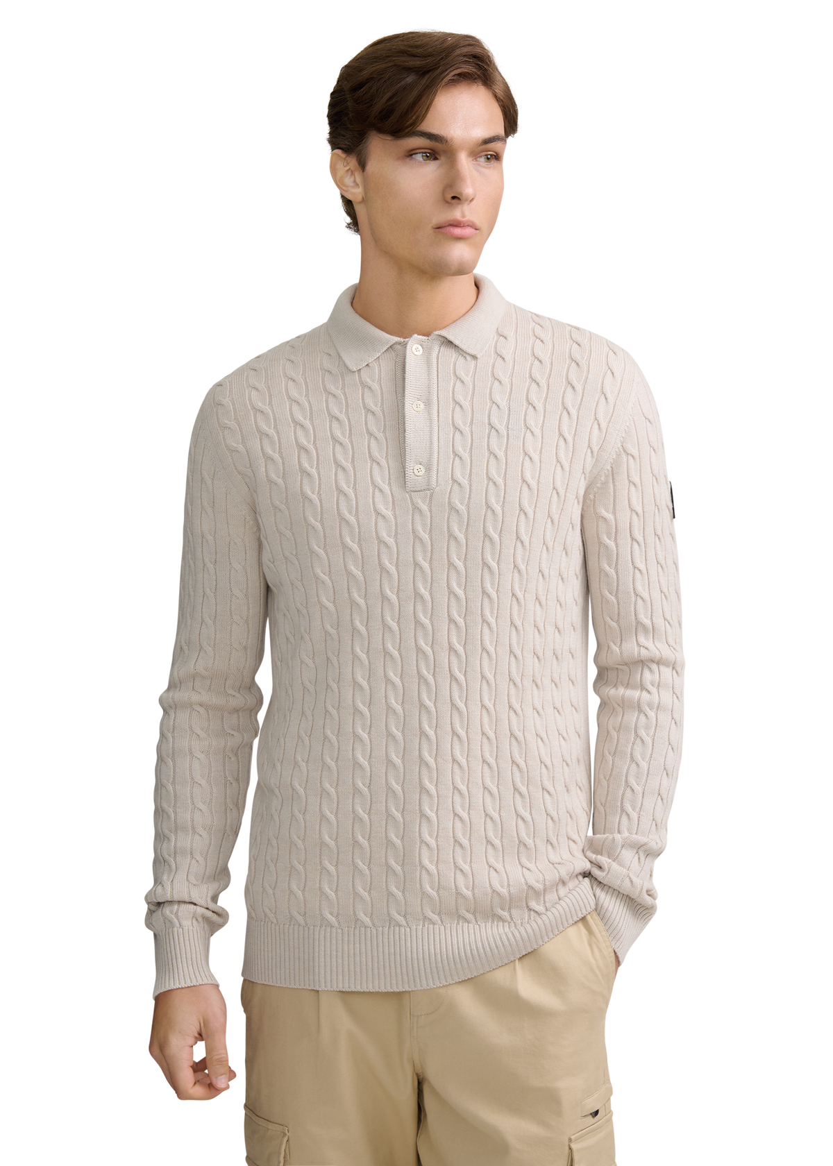 Merino Cable Knit Polo Shirt - Stone