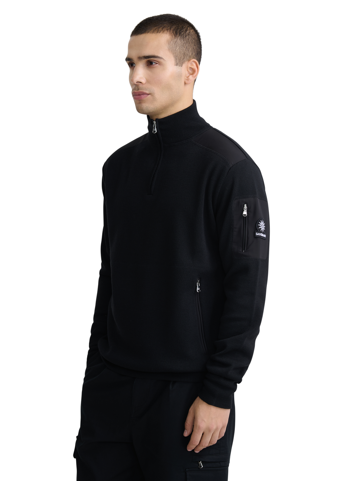 Technical Panelled Knit Quarter Zip - Black