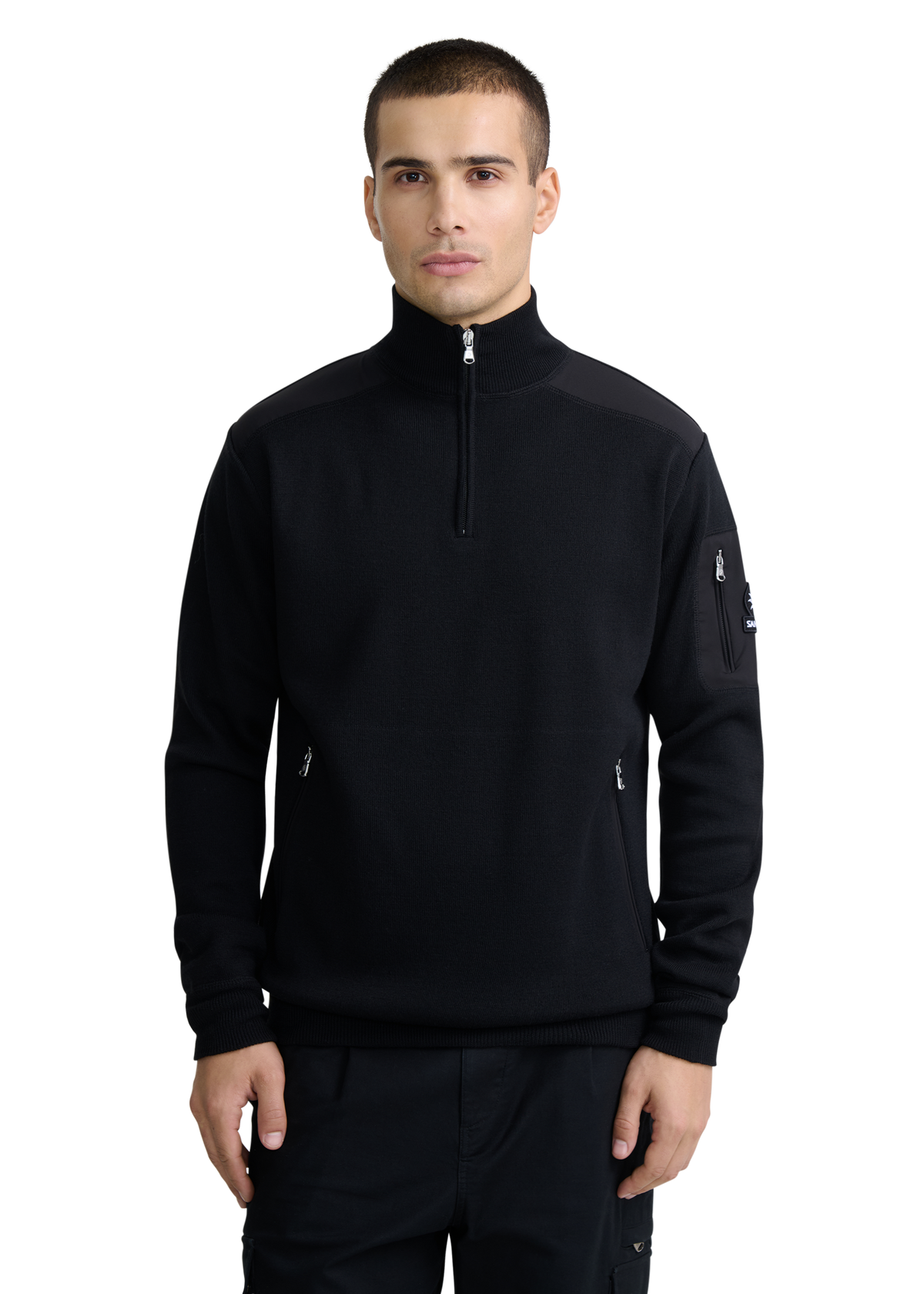 Technical Panelled Knit Quarter Zip - Black