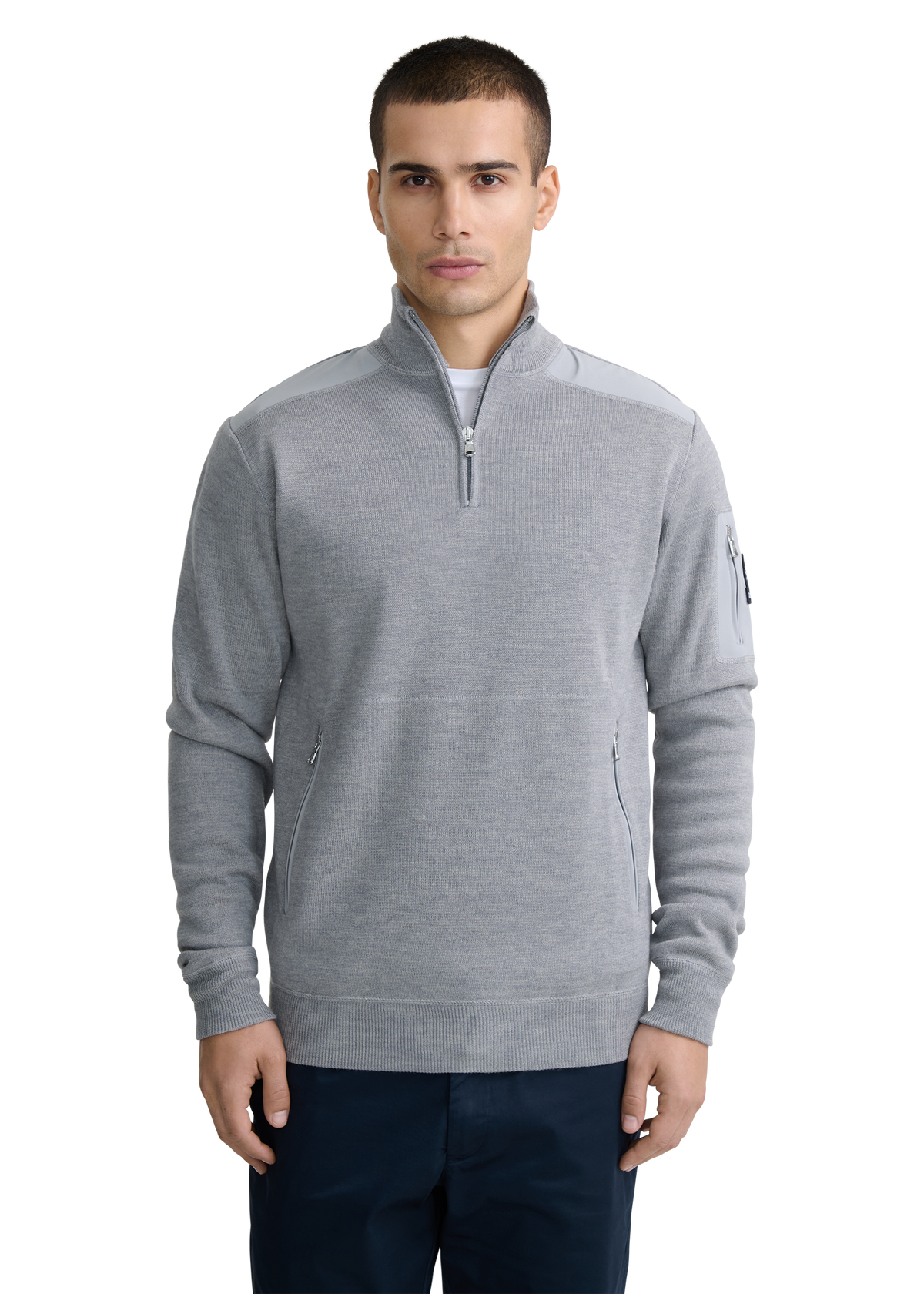 Technical Panelled Knit Quarter Zip - Light Grey