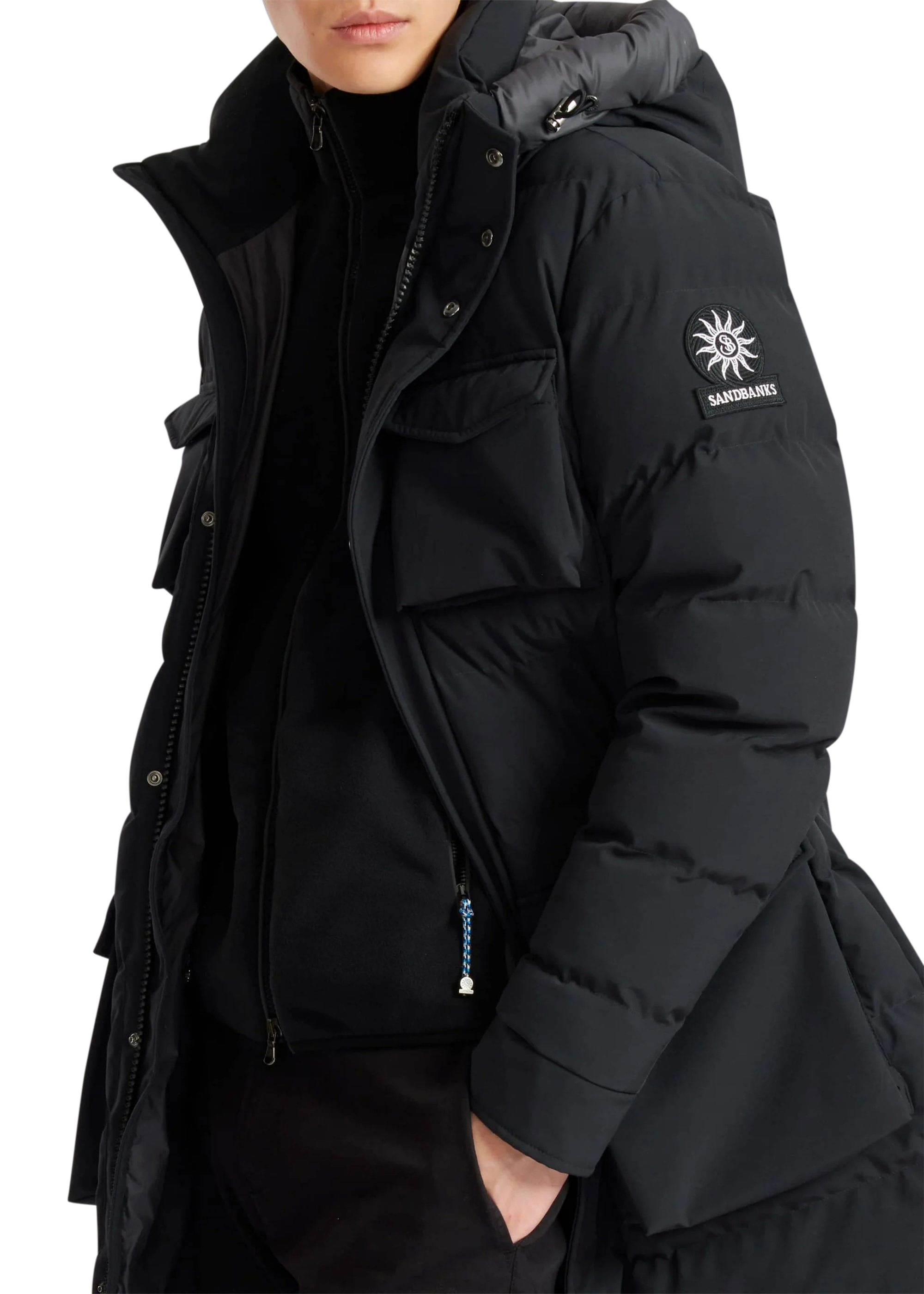 Black winter jacket with a brand logo on a white background