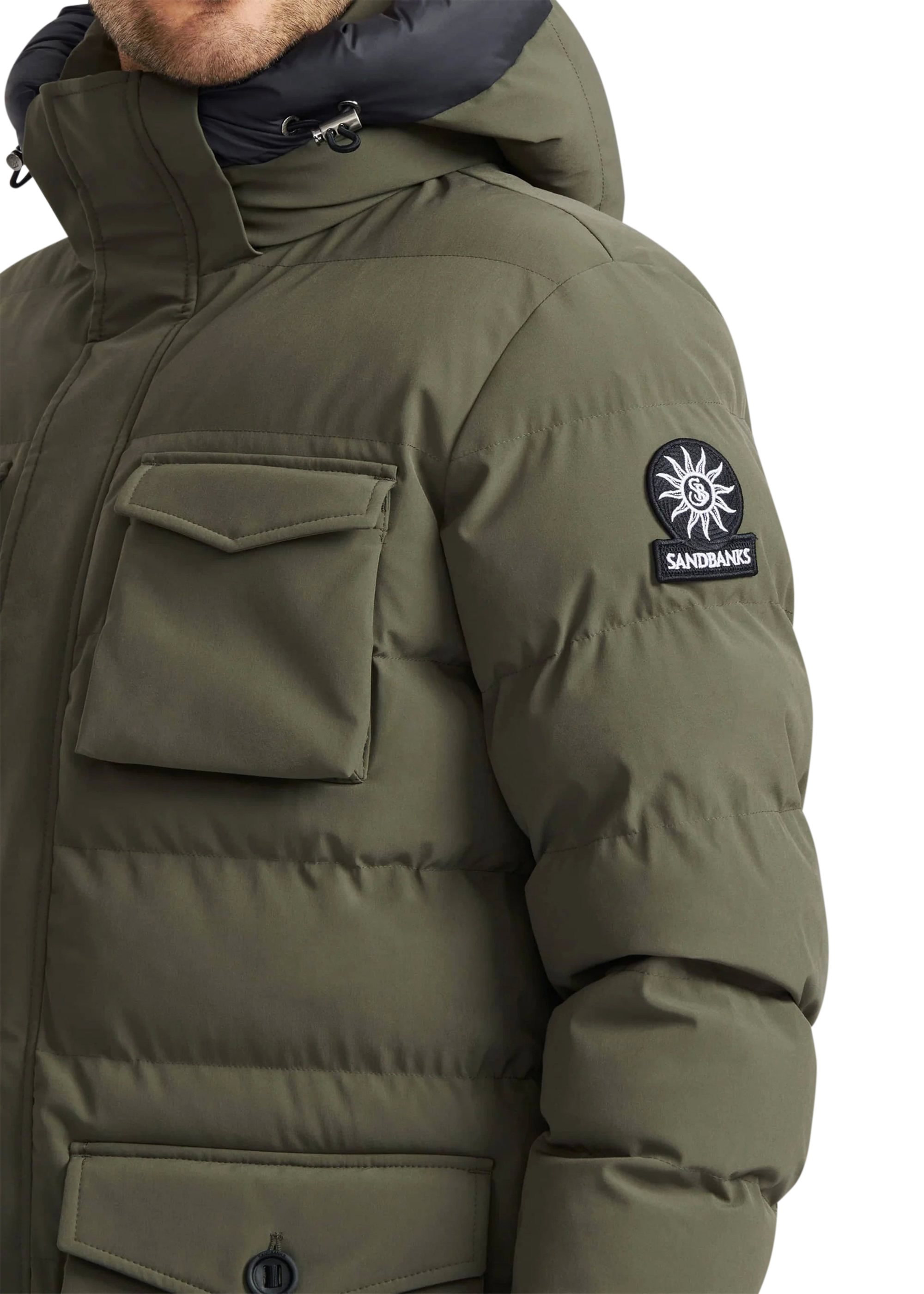 Green winter jacket with a brand logo on the sleeve against a white background