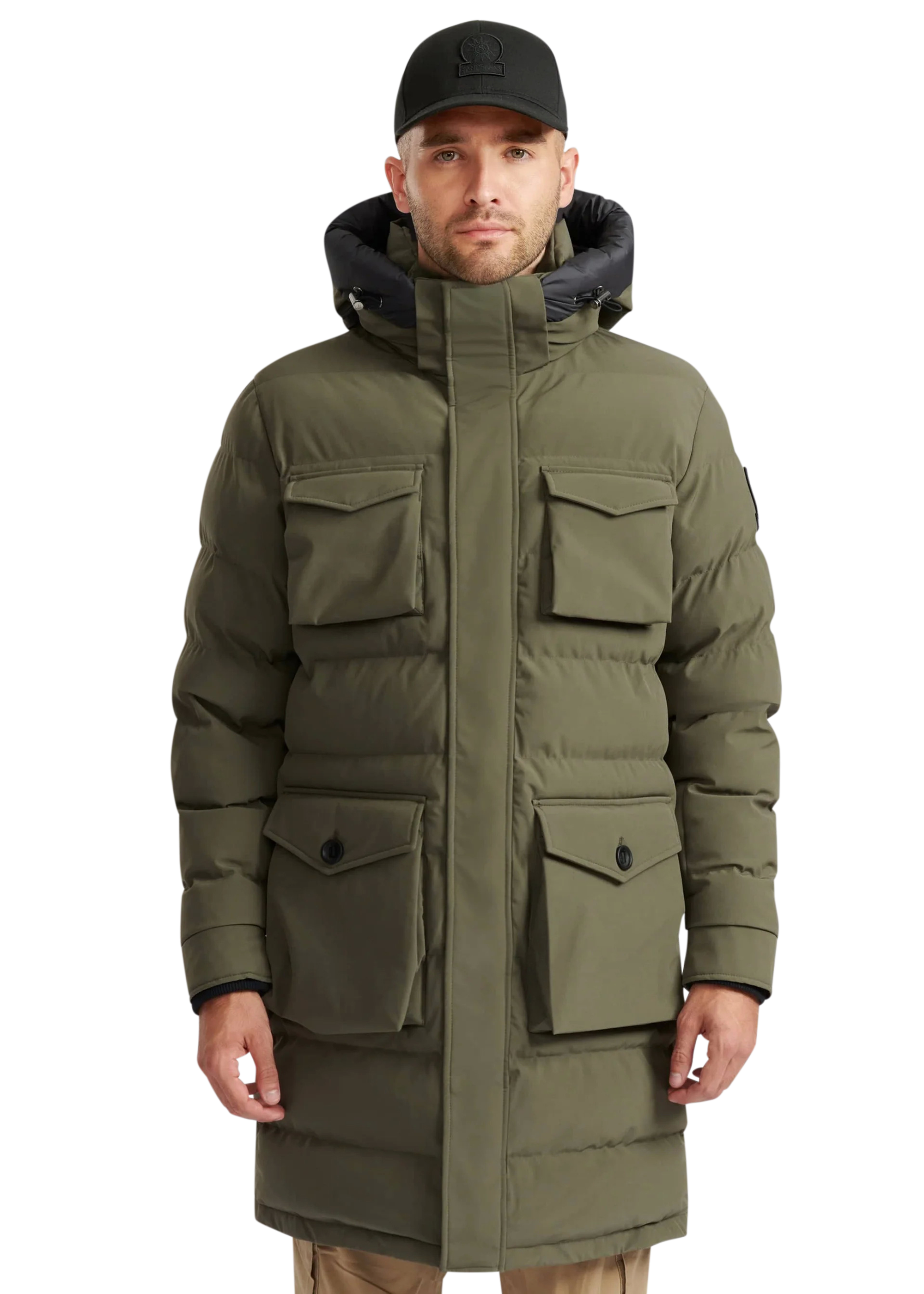 Man wearing a green winter coat with a hood on a white background