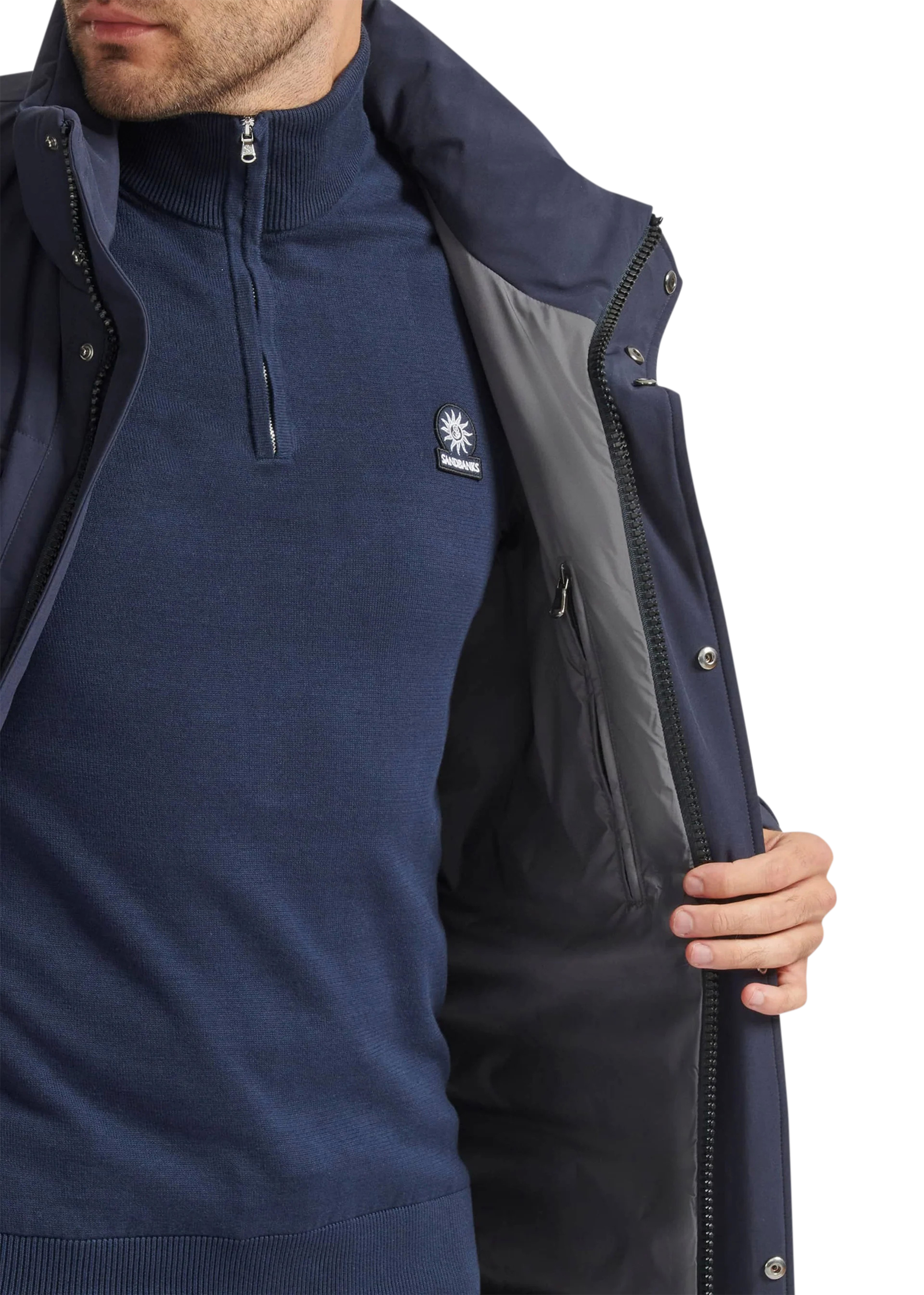 Navy jacket with a brand logo on a white background