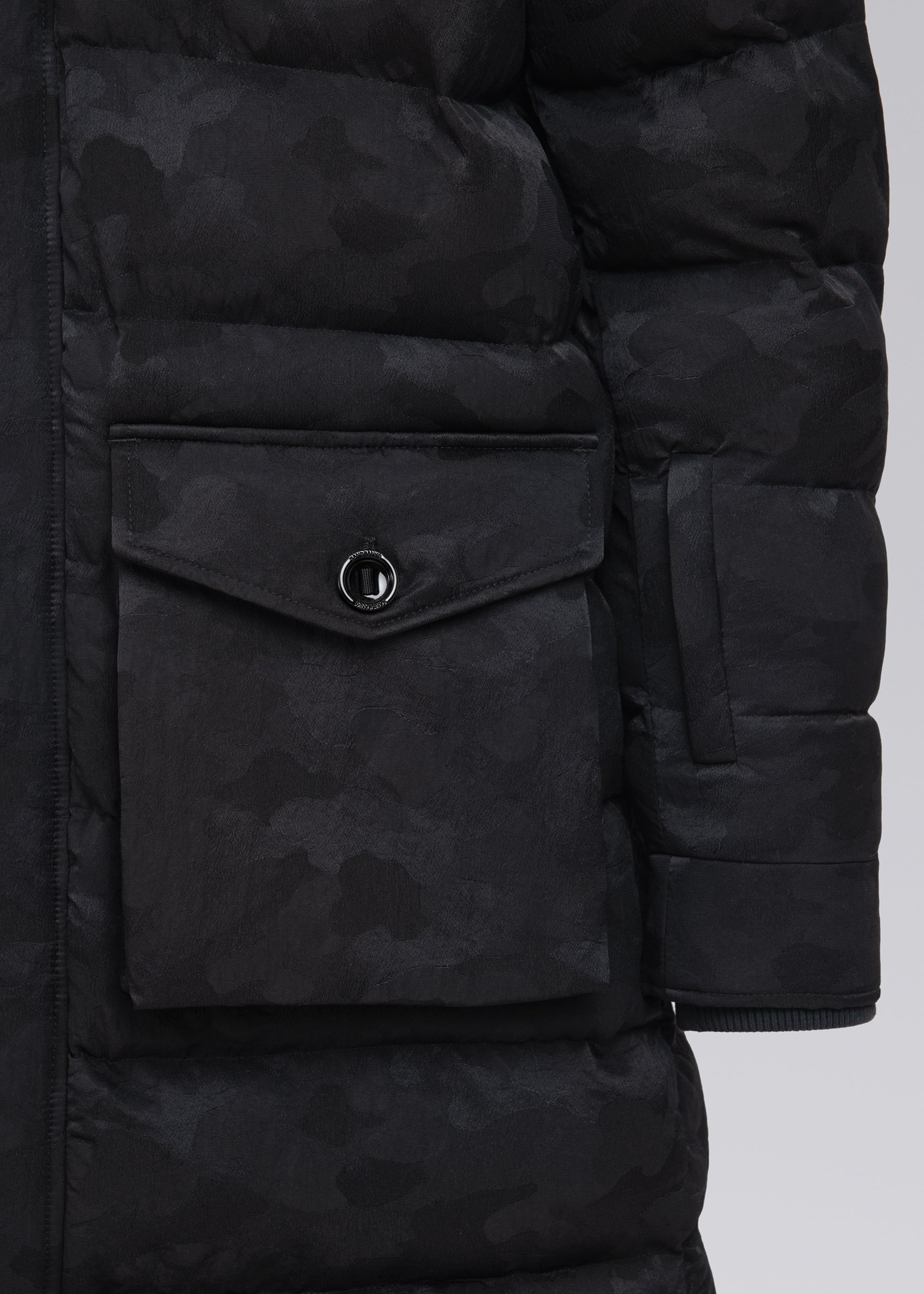 Sandbanks Carbon Collection C6 ECONYL® Branksome Long Puffer Jacket - Black Camo - Sandbanks