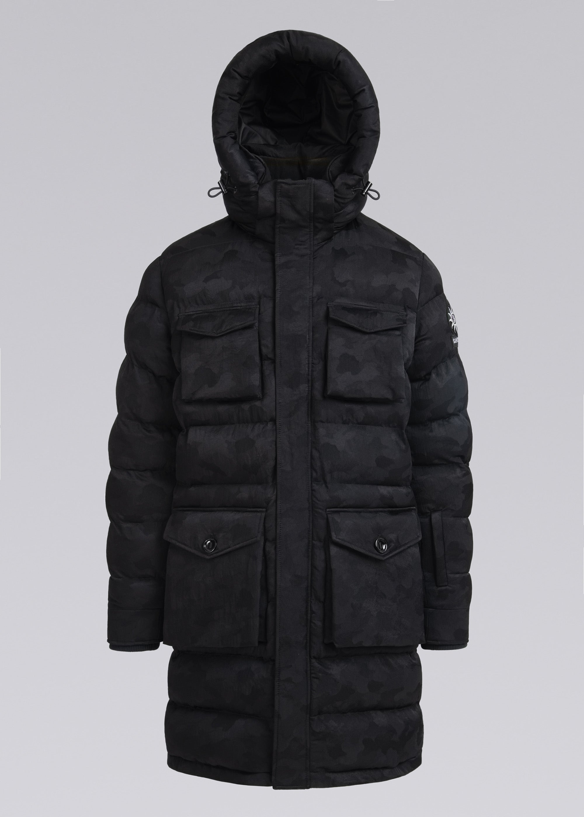 Sandbanks Carbon Collection C6 ECONYL® Branksome Long Puffer Jacket - Black Camo - Sandbanks