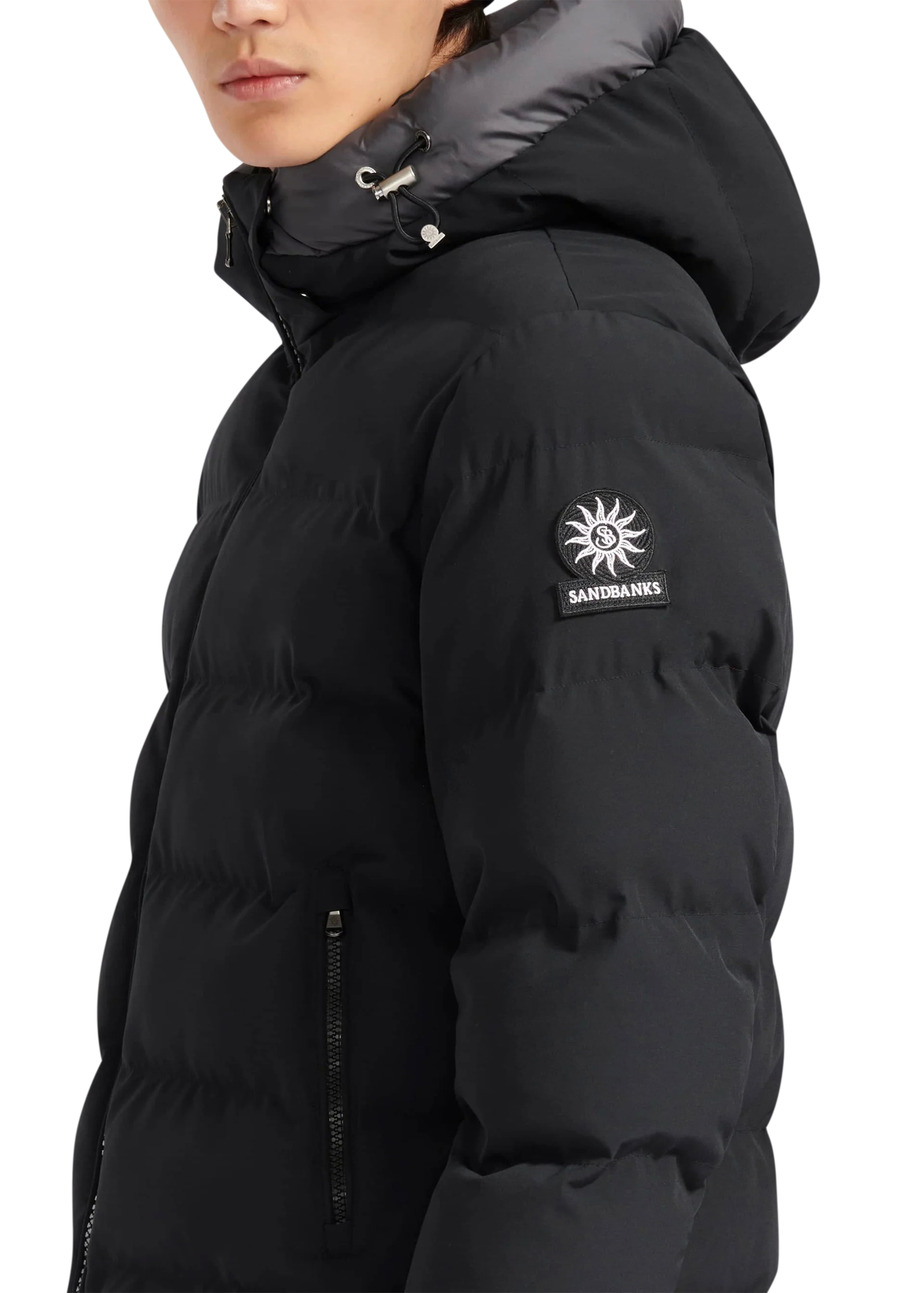 Black puffer jacket with a brand logo on a white background