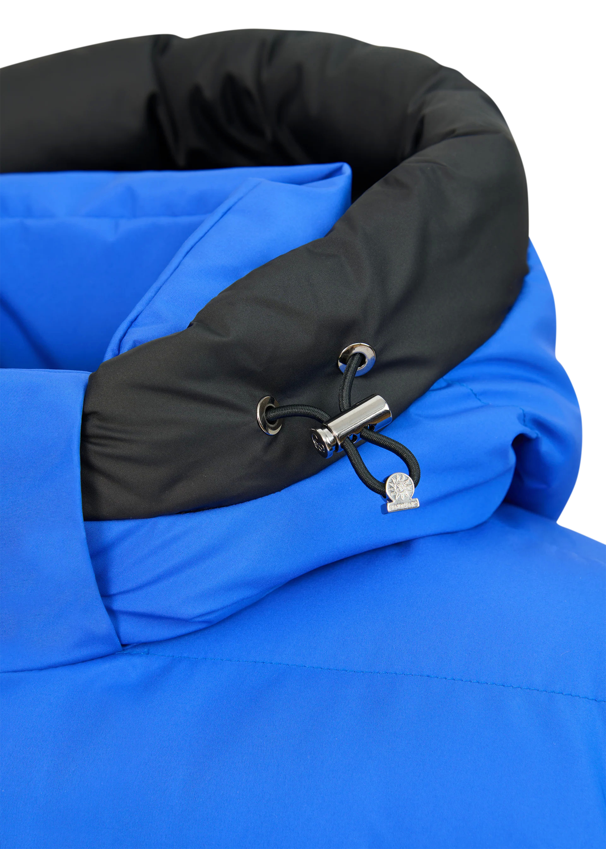 Close-up of a blue sleeping bag with black interior and drawstring closure on a white background