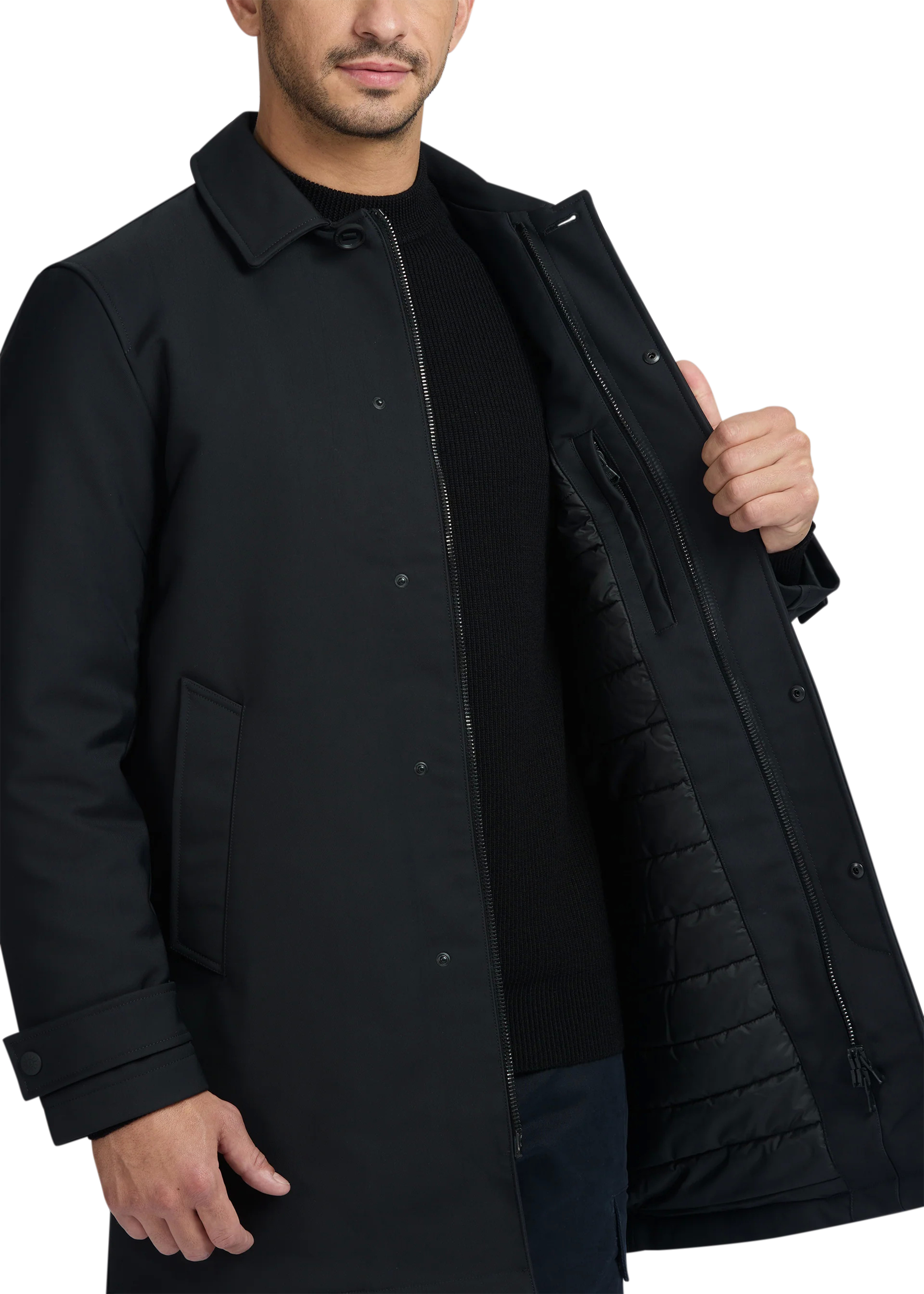 Man wearing a black coat on a white background