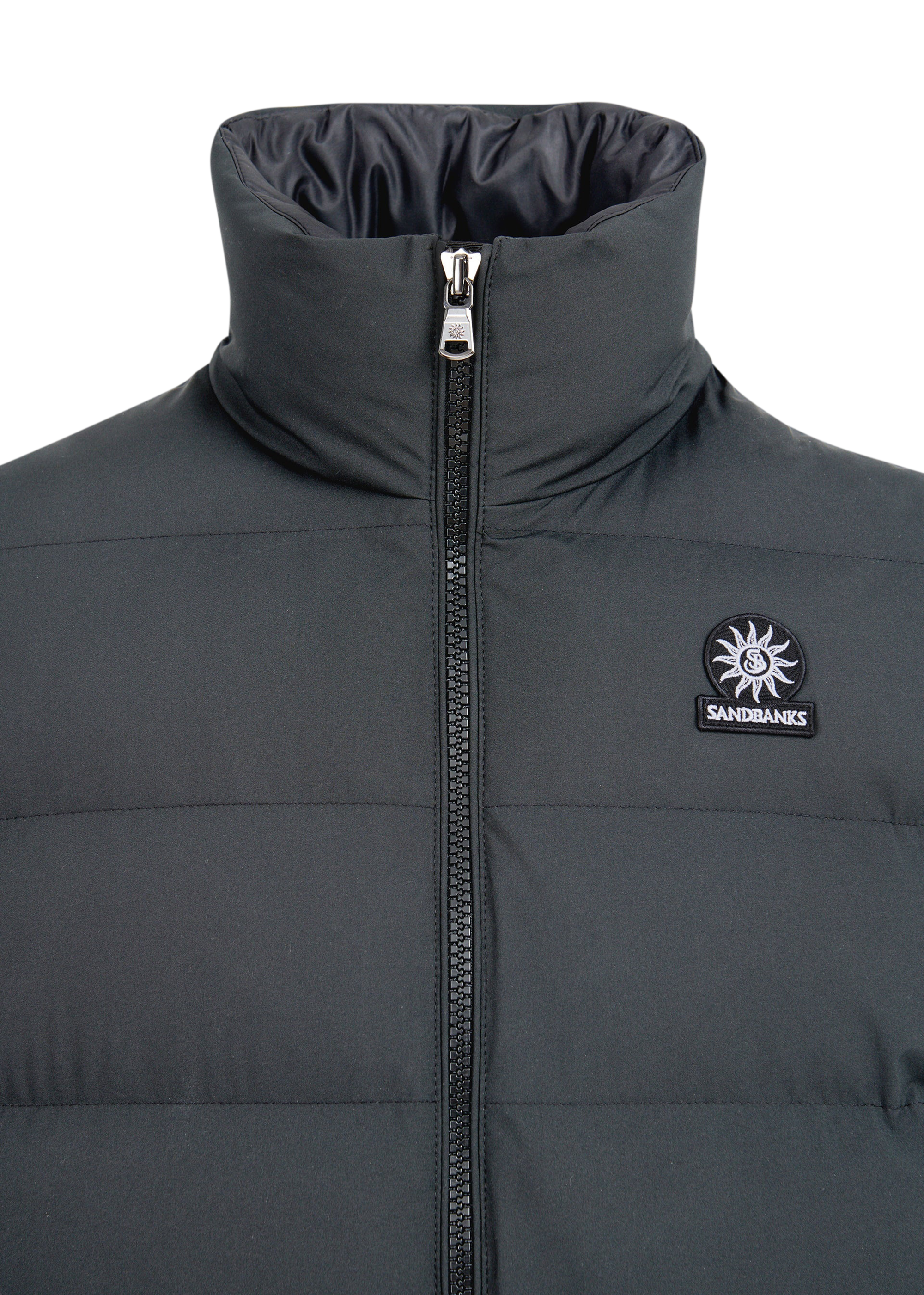Dark gray puffer jacket with a brand logo on a white background