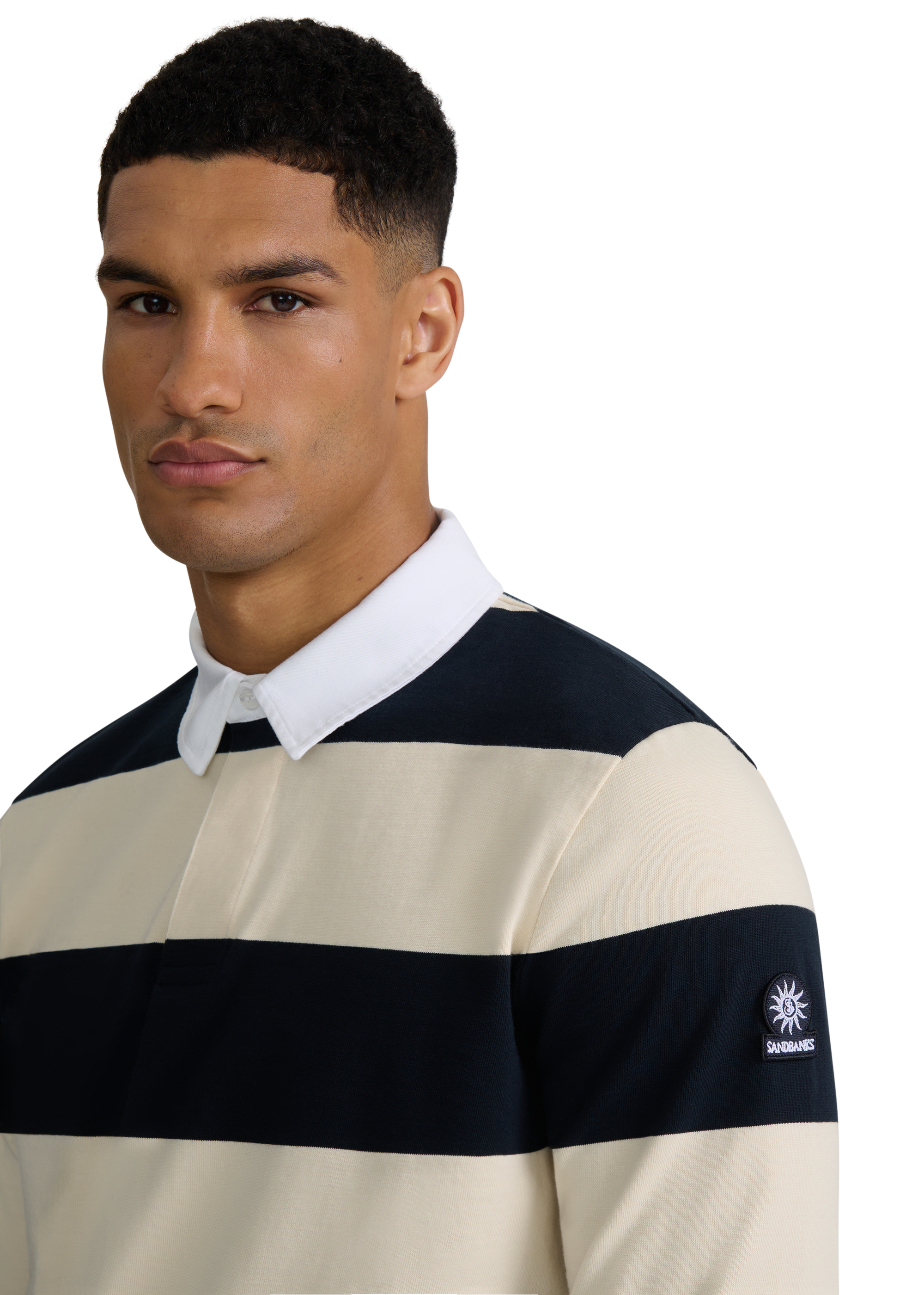 Sandbanks Stripe Rugby Polo Shirt- Navy/Ecru