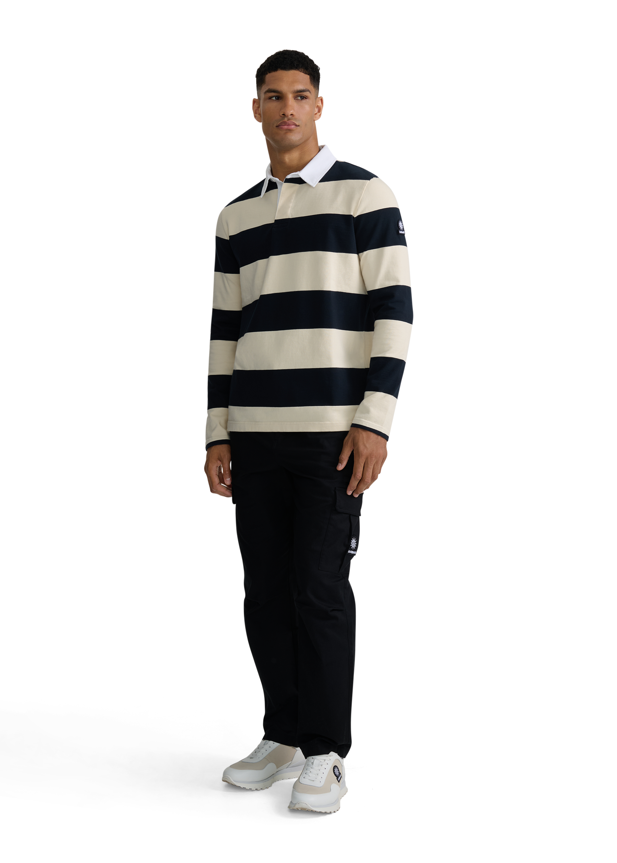 Sandbanks Stripe Rugby Polo Shirt- Navy/Ecru