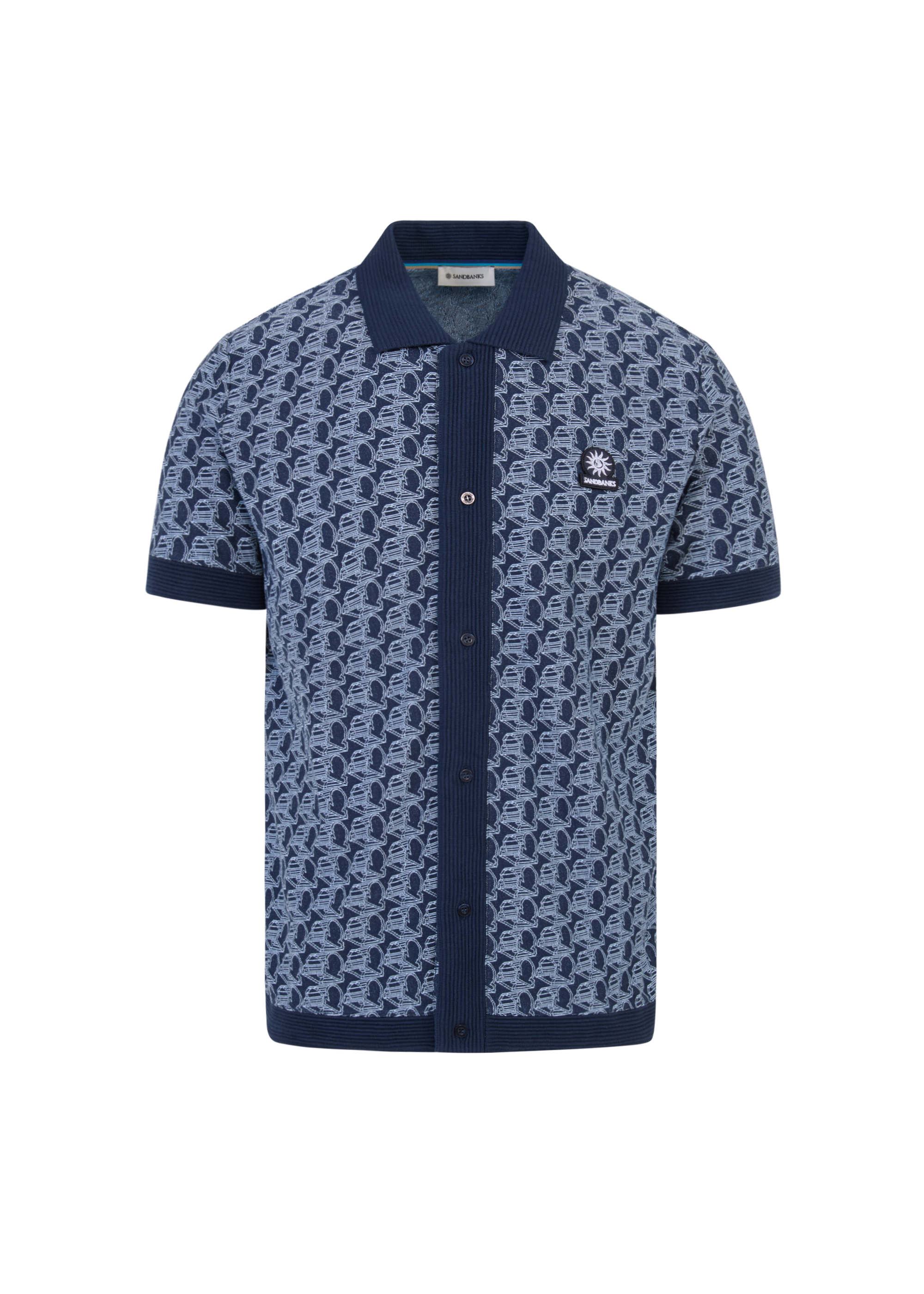 Sandbanks Jacquard Full Button Polo Shirt - Navy