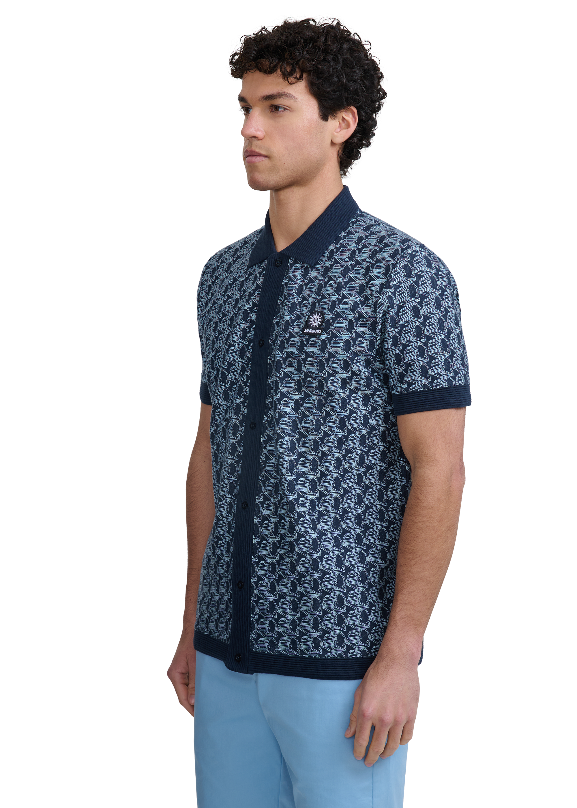 Sandbanks Jacquard Full Button Polo Shirt - Navy