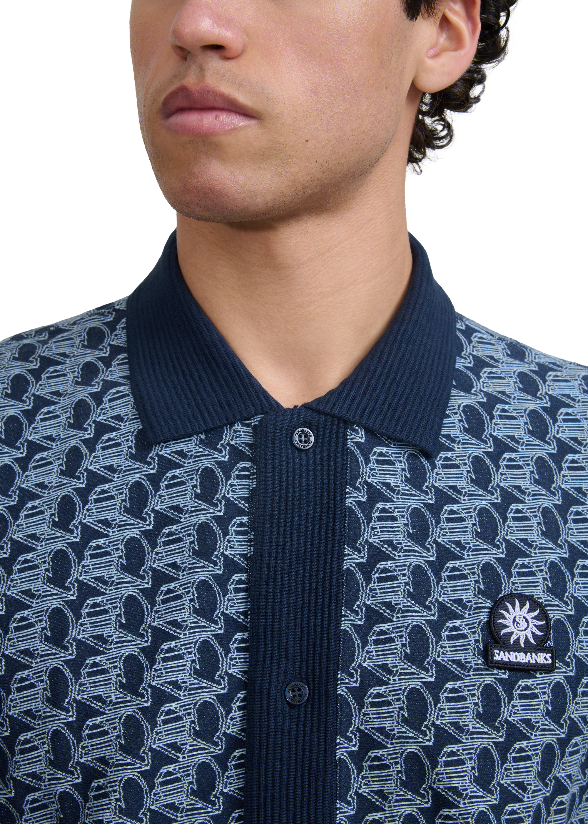 Sandbanks Jacquard Full Button Polo Shirt - Navy