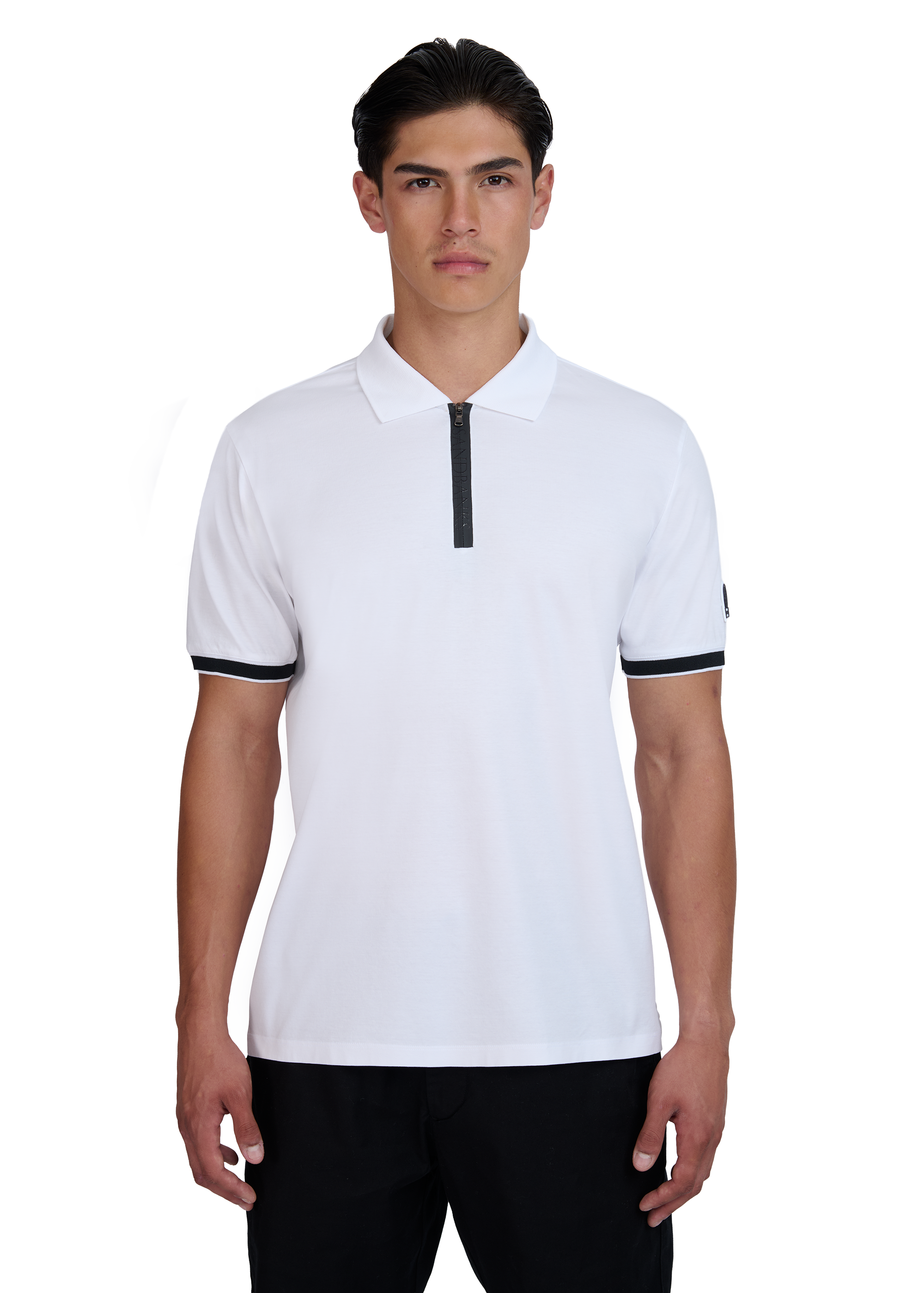 Model wearing Sandbanks Silicone Zip Polo Shirt - White