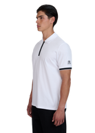 Model wearing Sandbanks Silicone Zip Polo Shirt - White