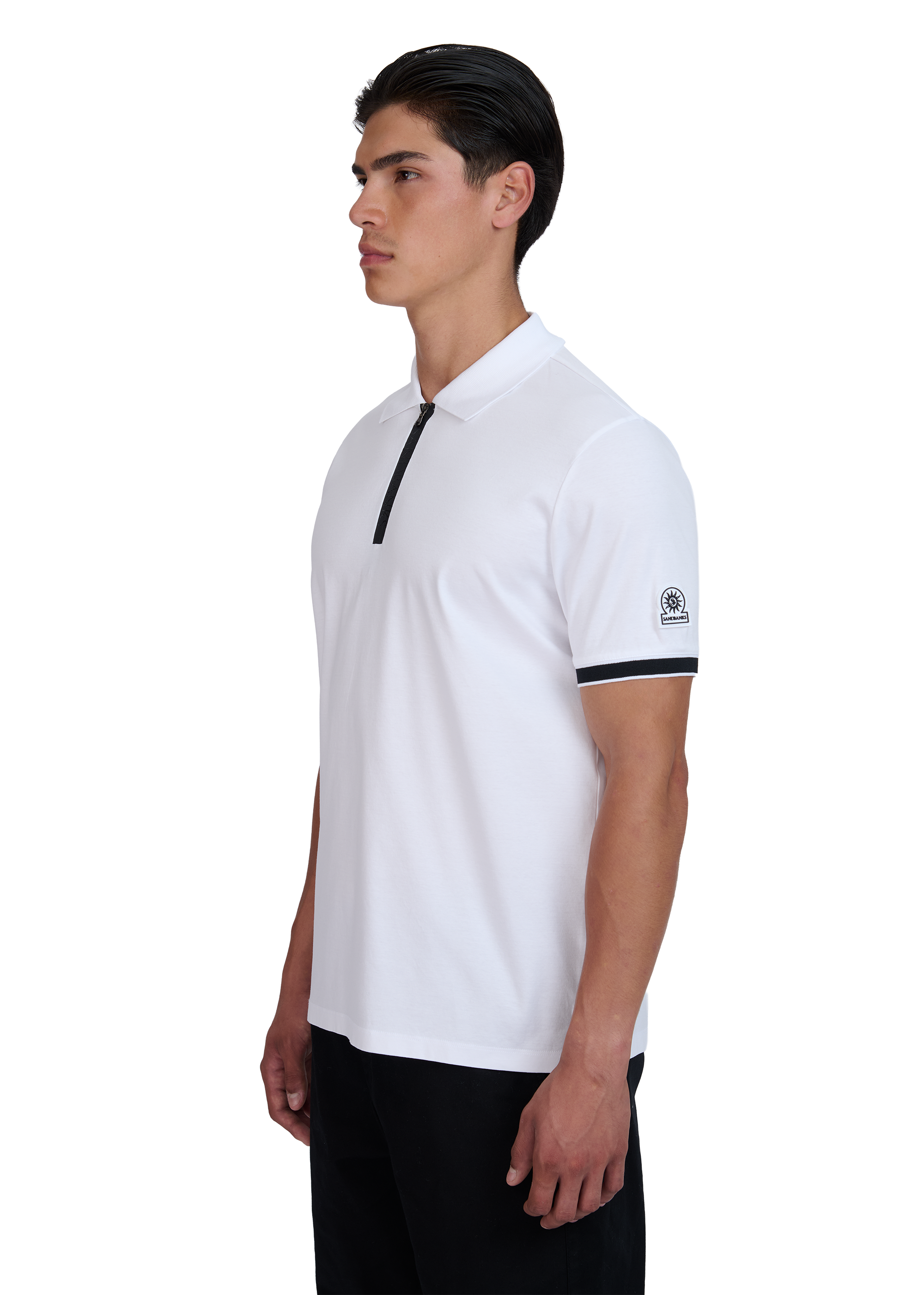 Model wearing Sandbanks Silicone Zip Polo Shirt - White