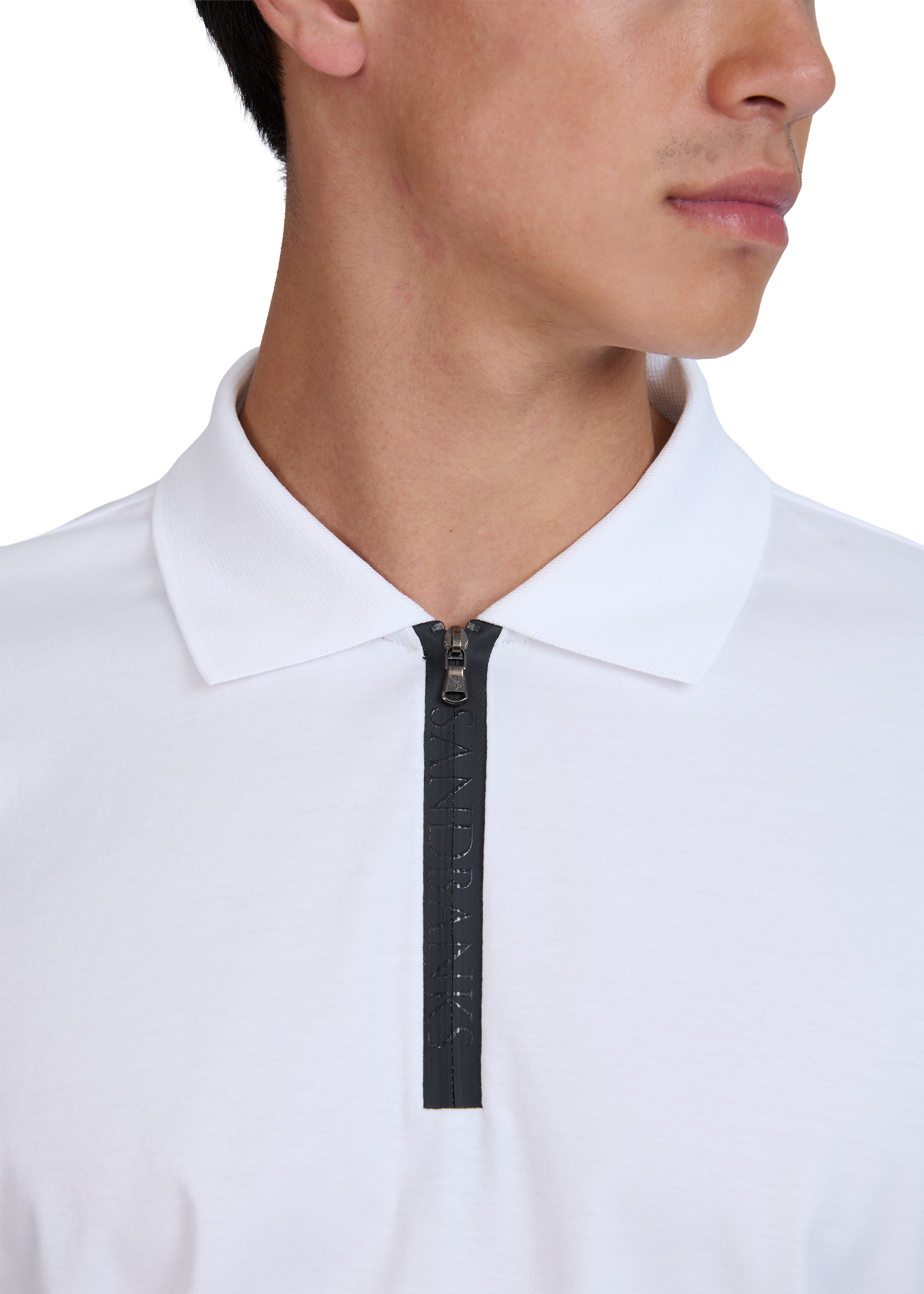 Model wearing Sandbanks Silicone Zip Polo Shirt - White