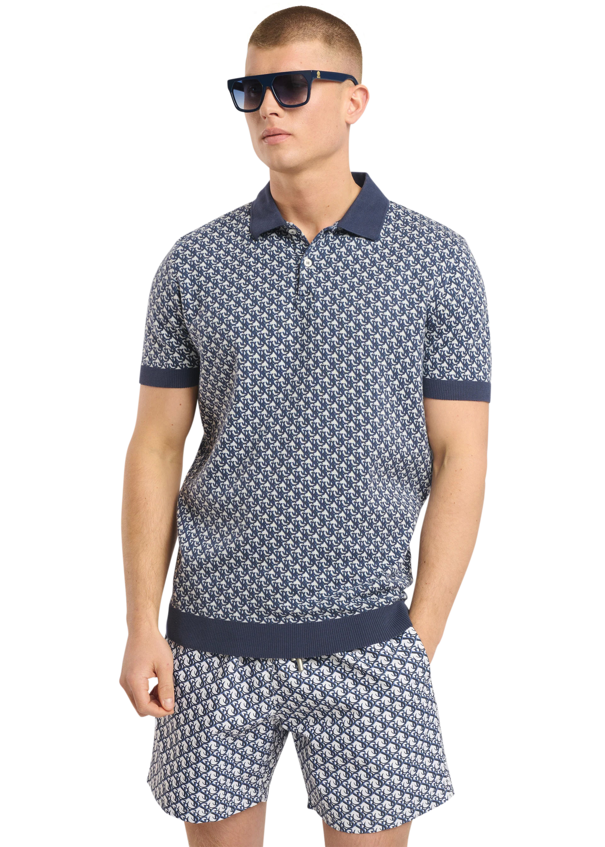 Sandbanks Jacquard Monogram Polo Shirt - Navy