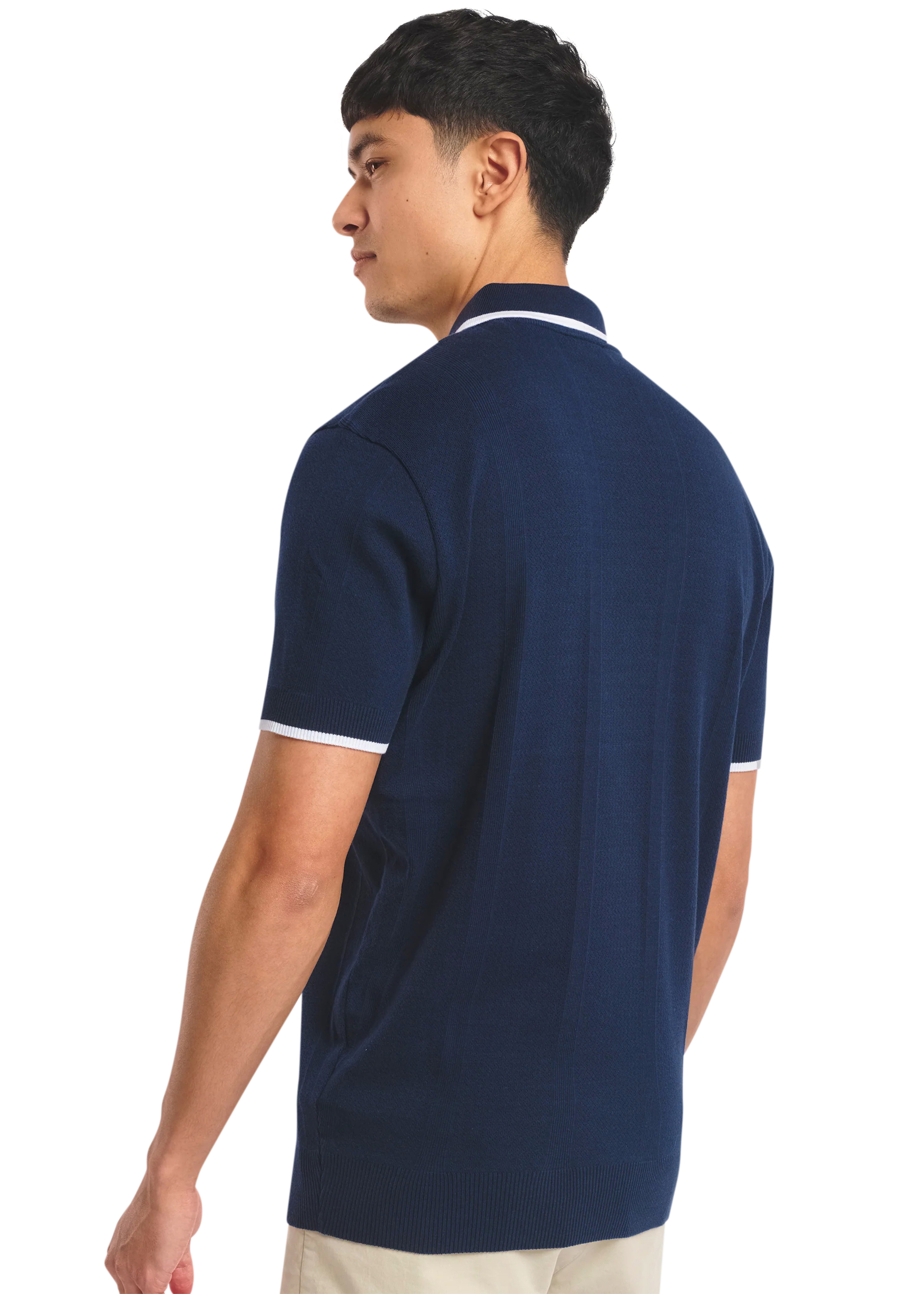 Sandbanks Jacquard Stripe Knit Polo Shirt - Navy