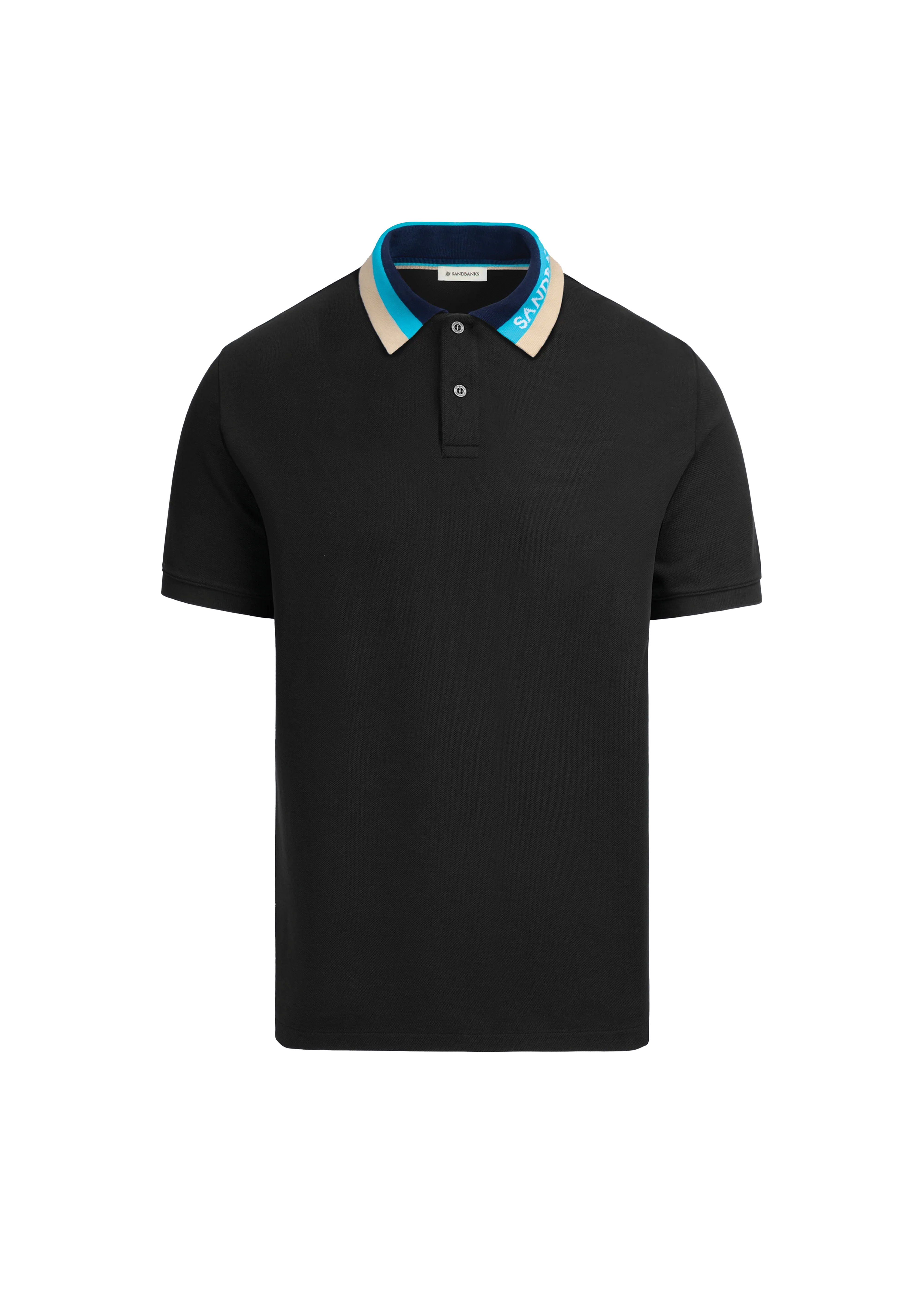 Black polo shirt with a colorful collar on a white background