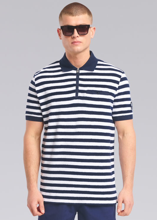 Sandbanks Striped Towelling Zip Polo Shirt - Navy/White
