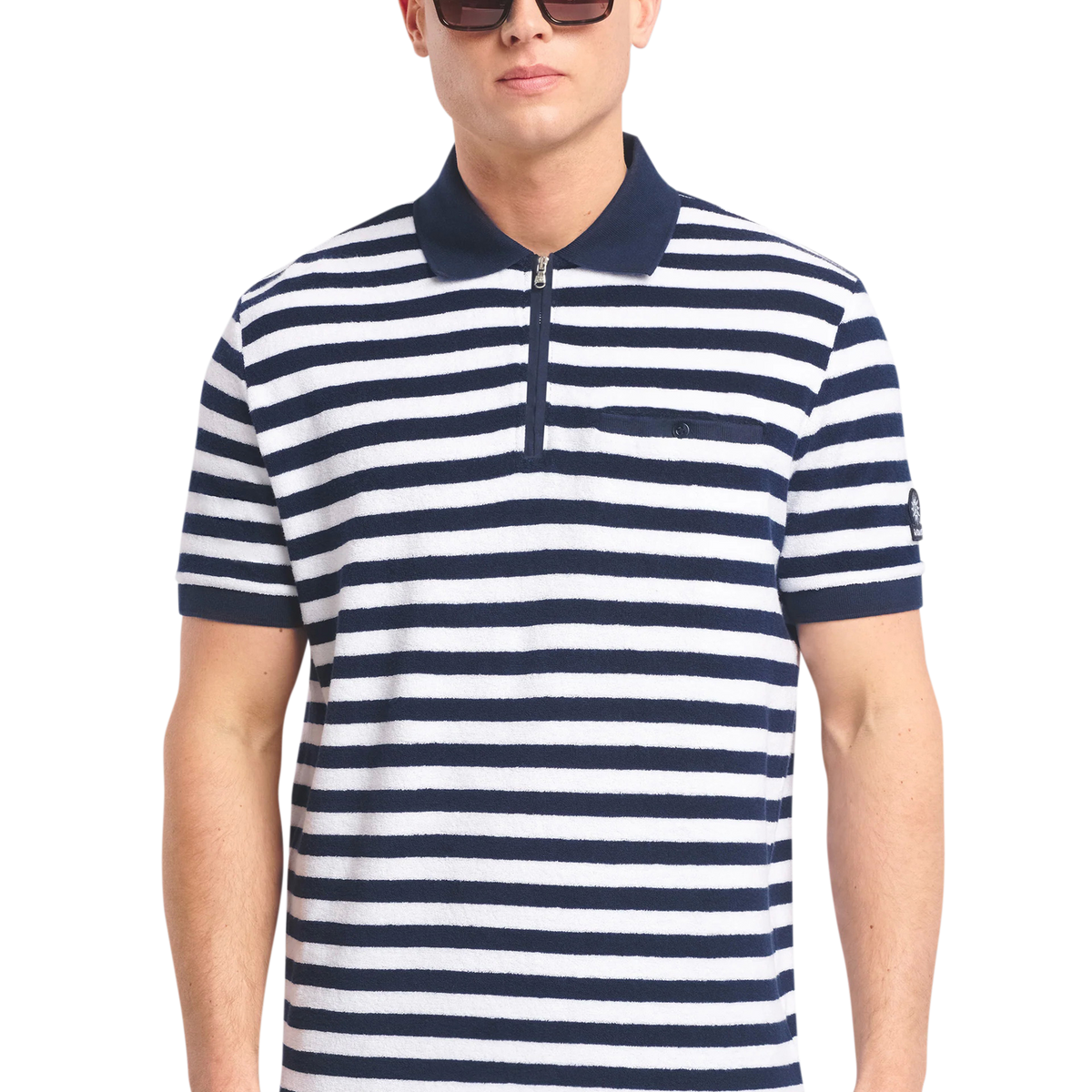 Sandbanks Striped Towelling Zip Polo Shirt - Navy/White
