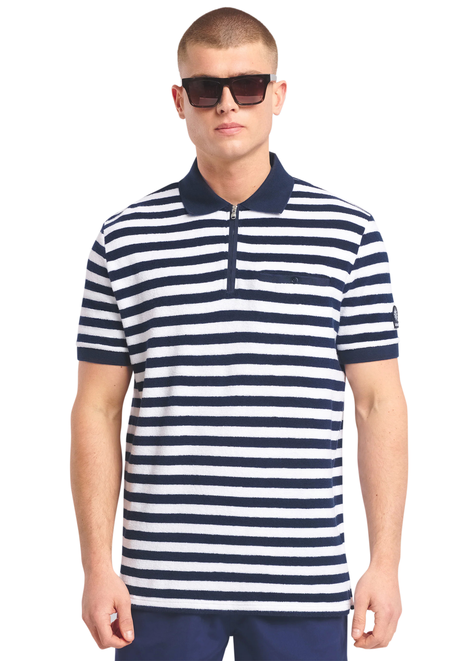 Sandbanks Striped Towelling Zip Polo Shirt - Navy/White
