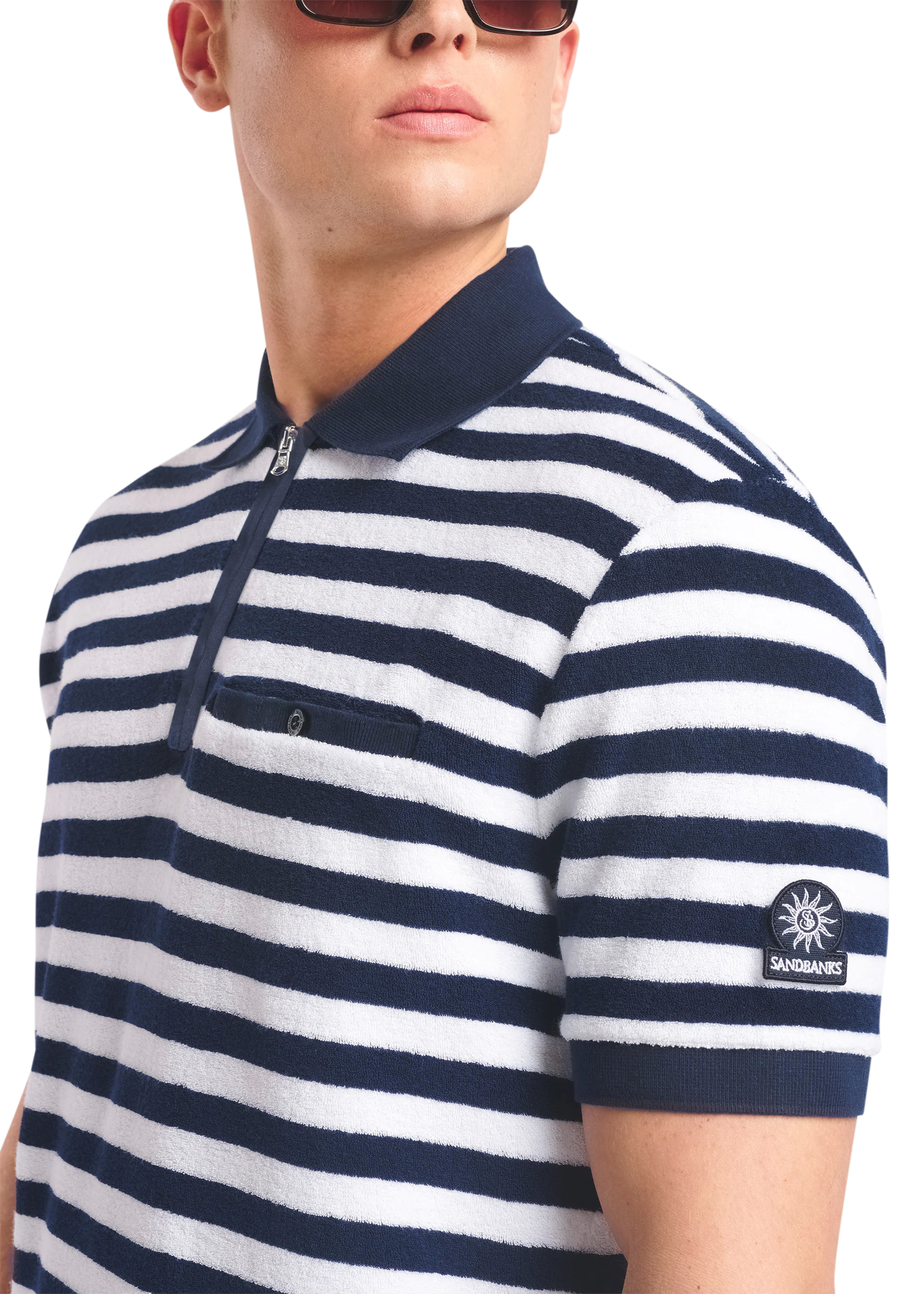 Sandbanks Striped Towelling Zip Polo Shirt - Navy/White
