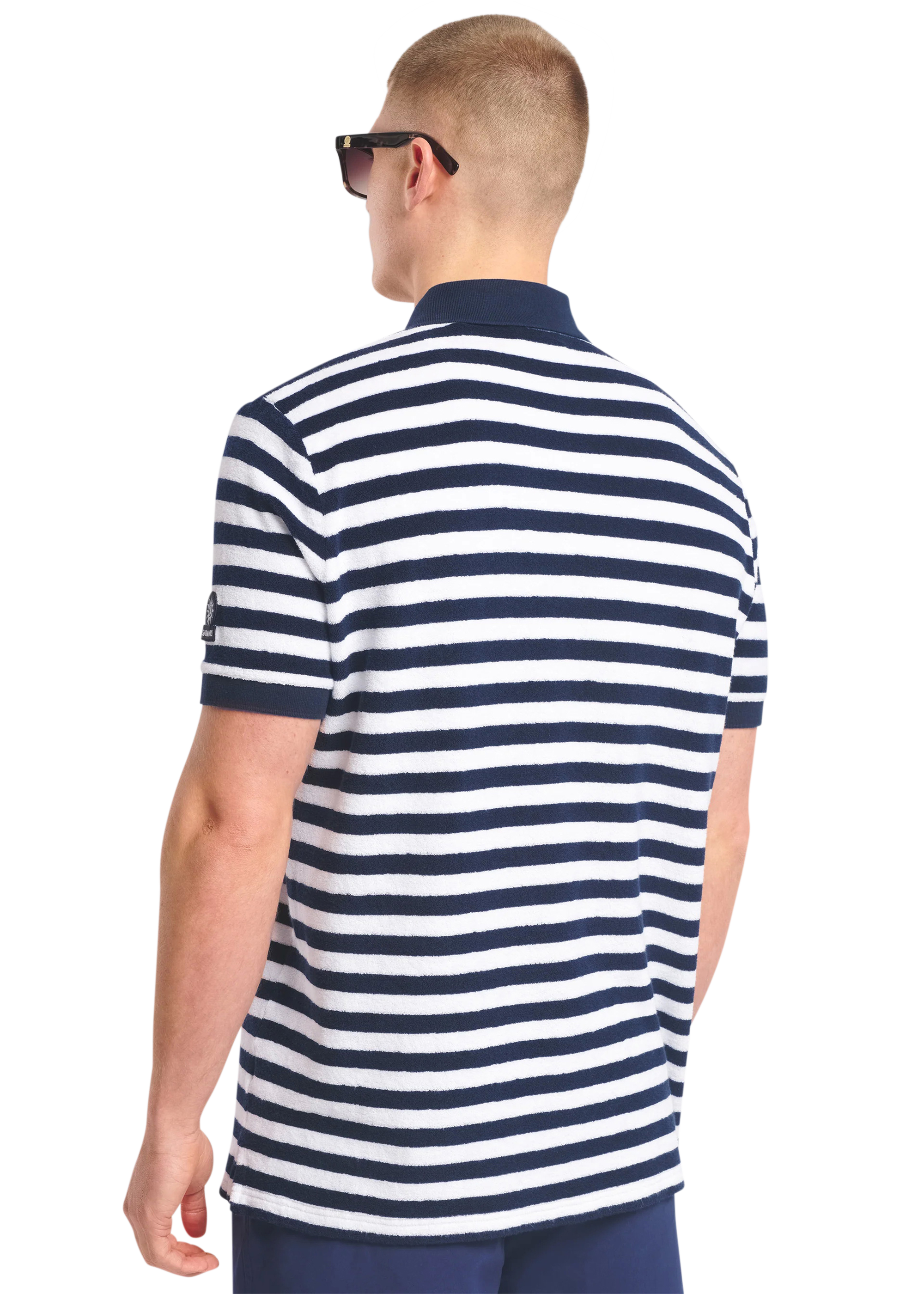Sandbanks Striped Towelling Zip Polo Shirt - Navy/White