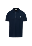 Navy blue polo shirt with a small logo on a white background