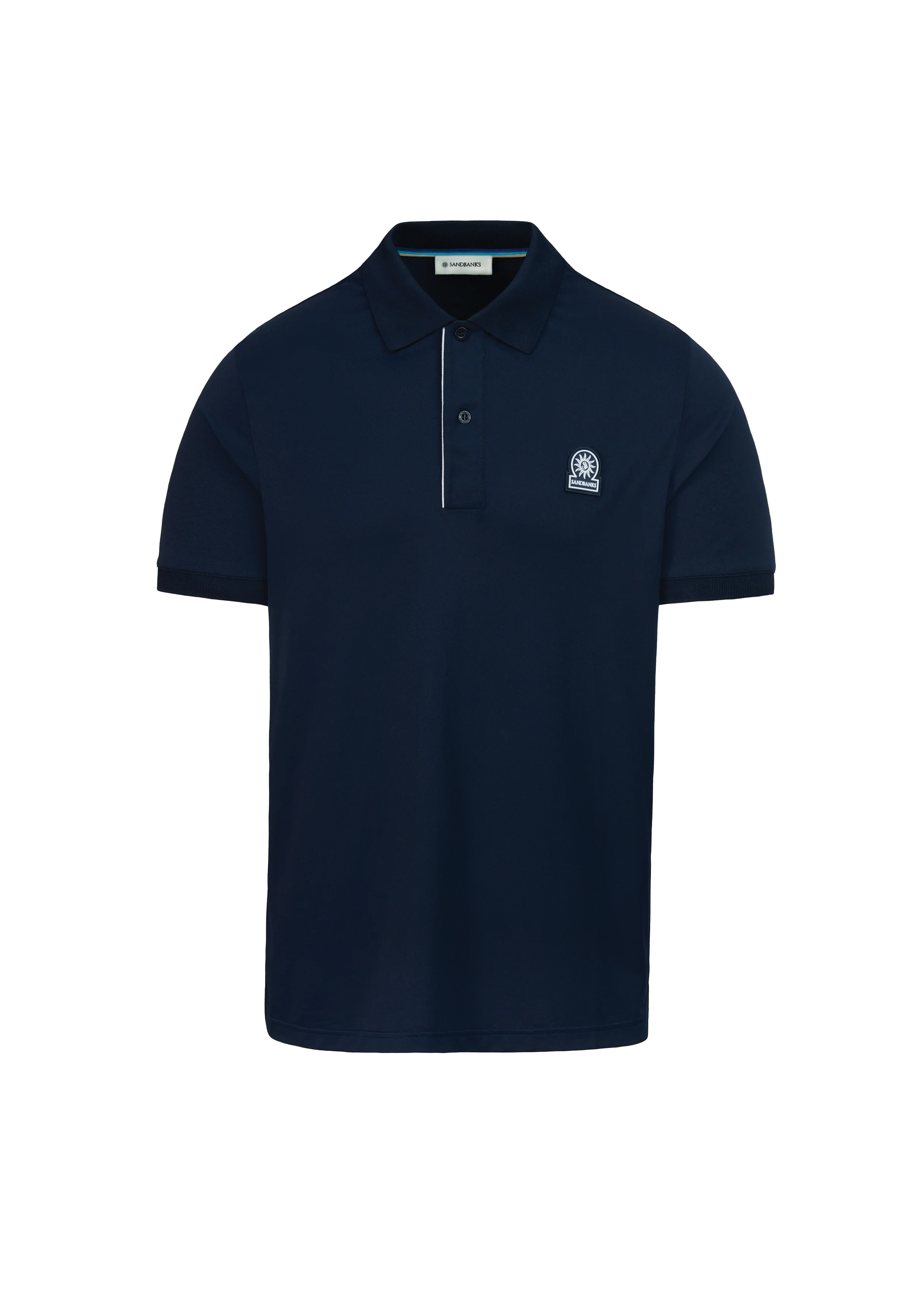 Navy blue polo shirt with a small logo on a white background