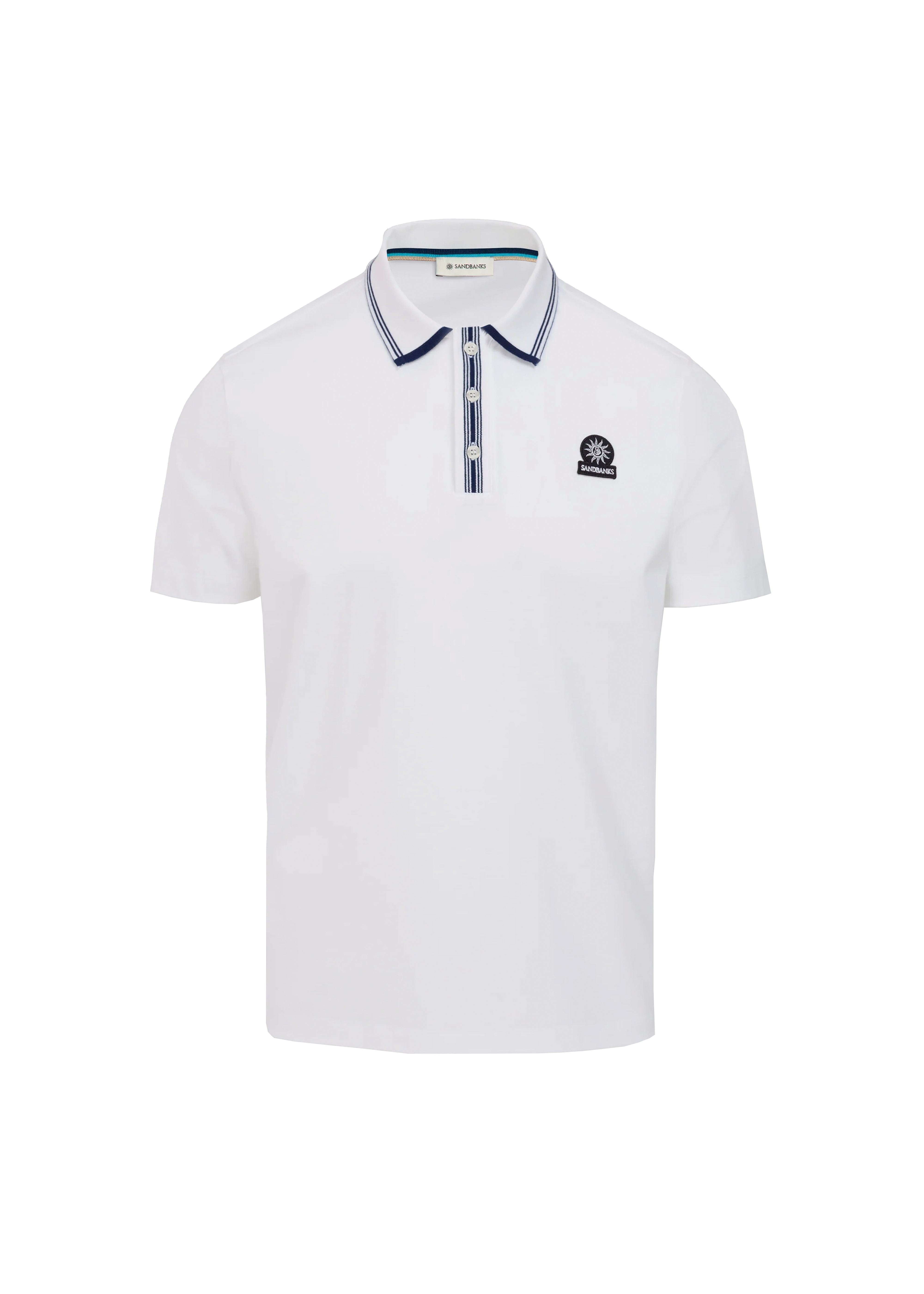 White polo shirt with black collar and logo on a white background