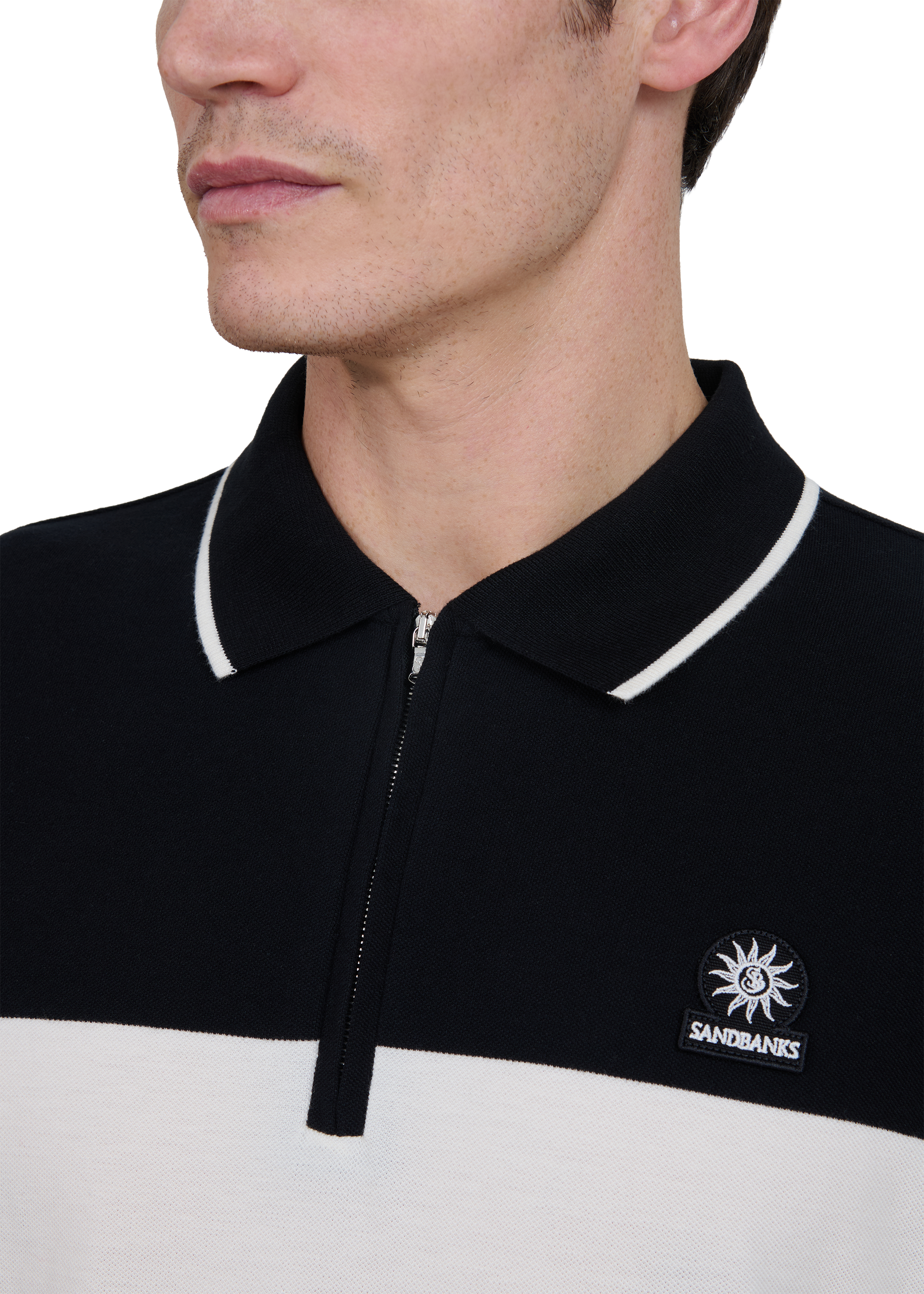 Colour Block Zip Polo Shirt - Ecru/Black