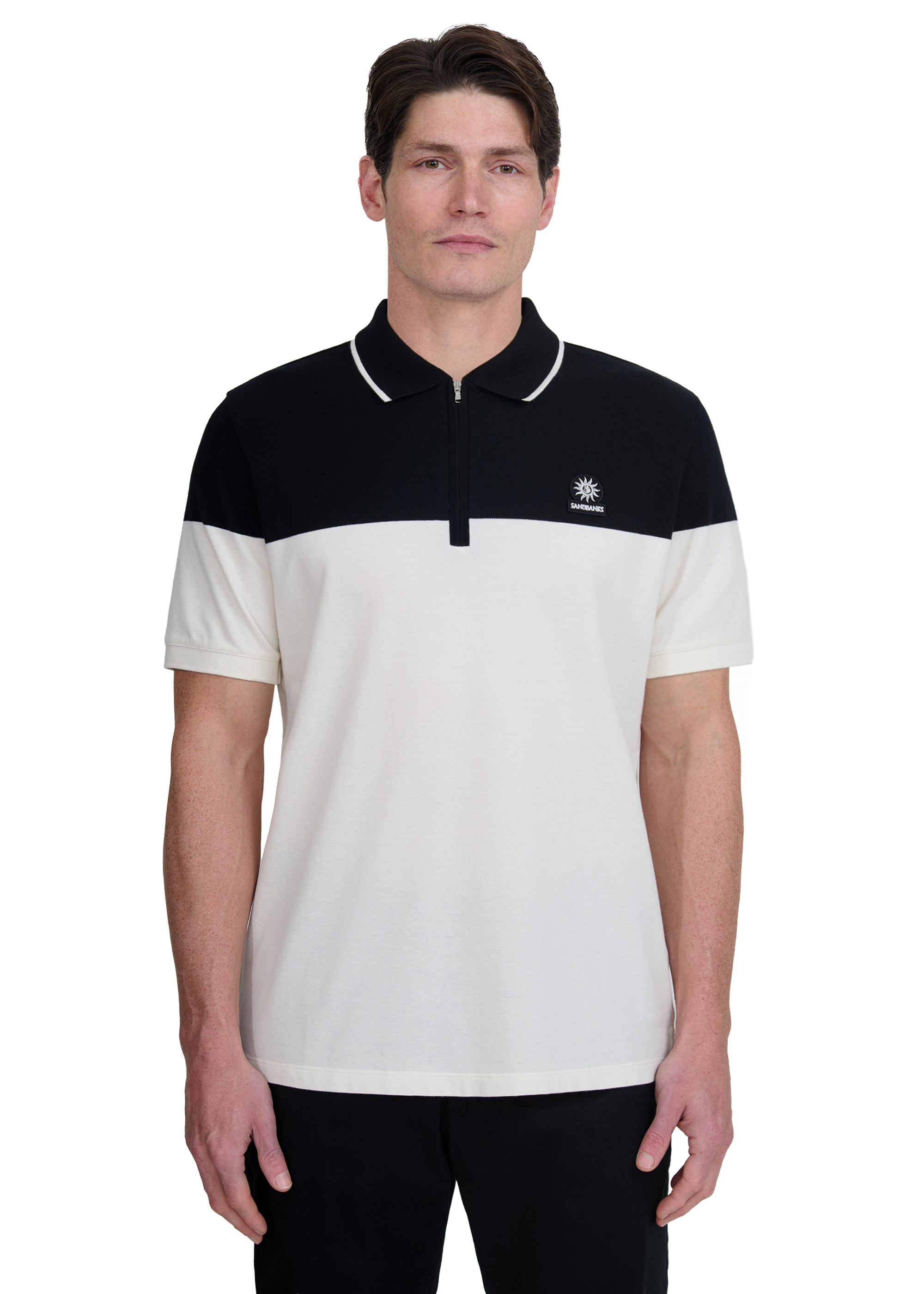 Colour Block Zip Polo Shirt - Ecru/Black