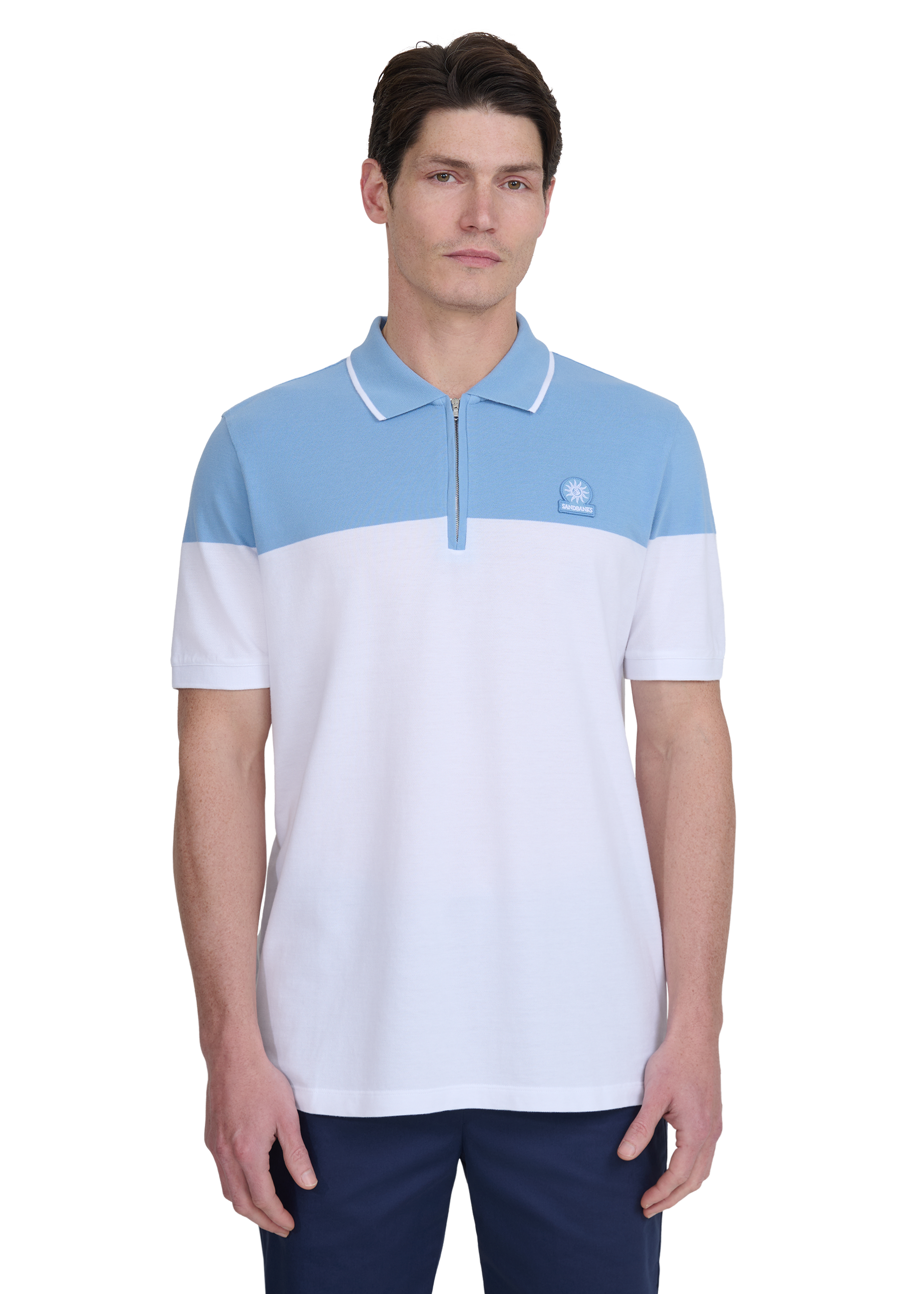 Colour Block Zip Polo Shirt - Dusty Blue/White