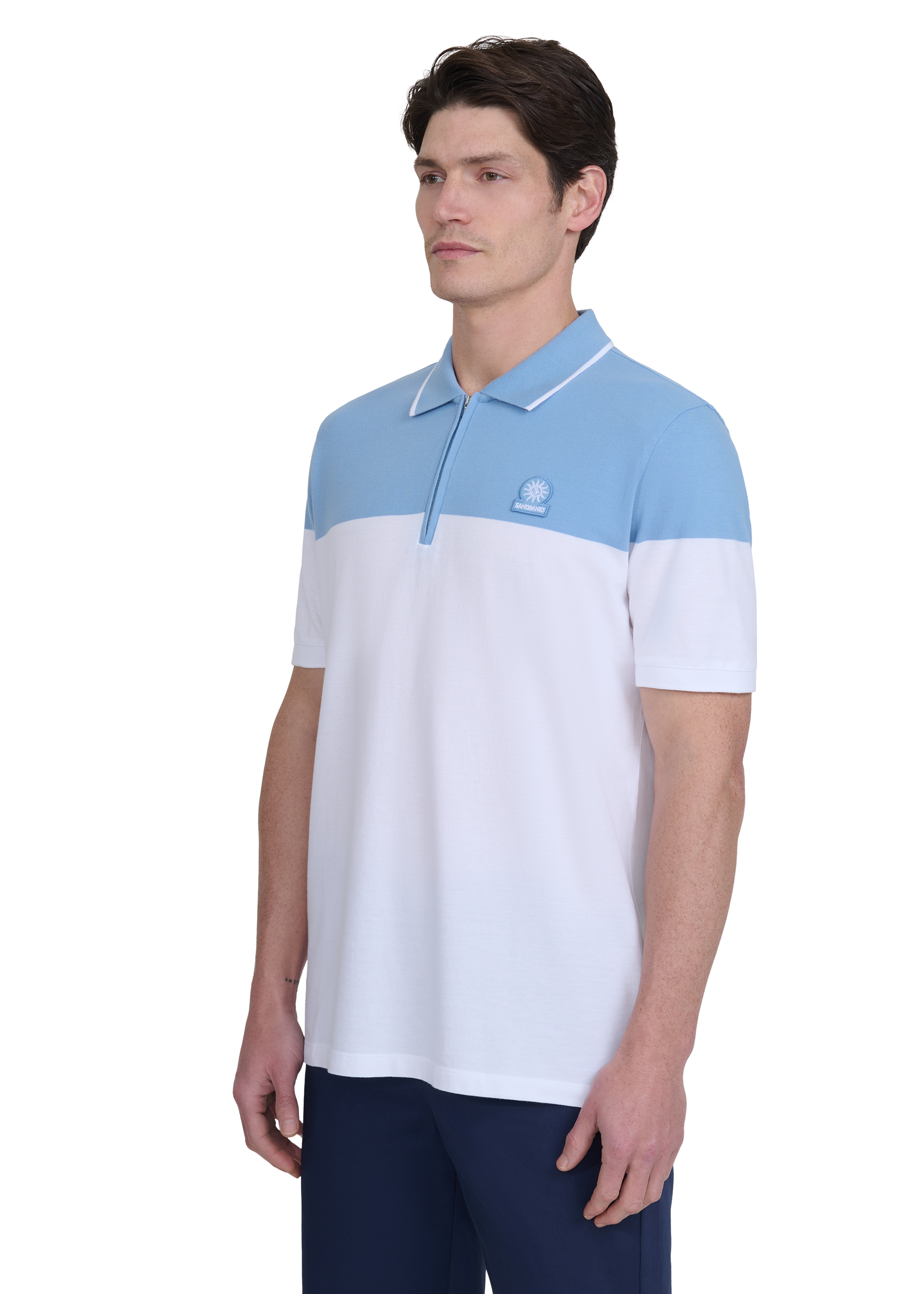 Colour Block Zip Polo Shirt - Dusty Blue/White