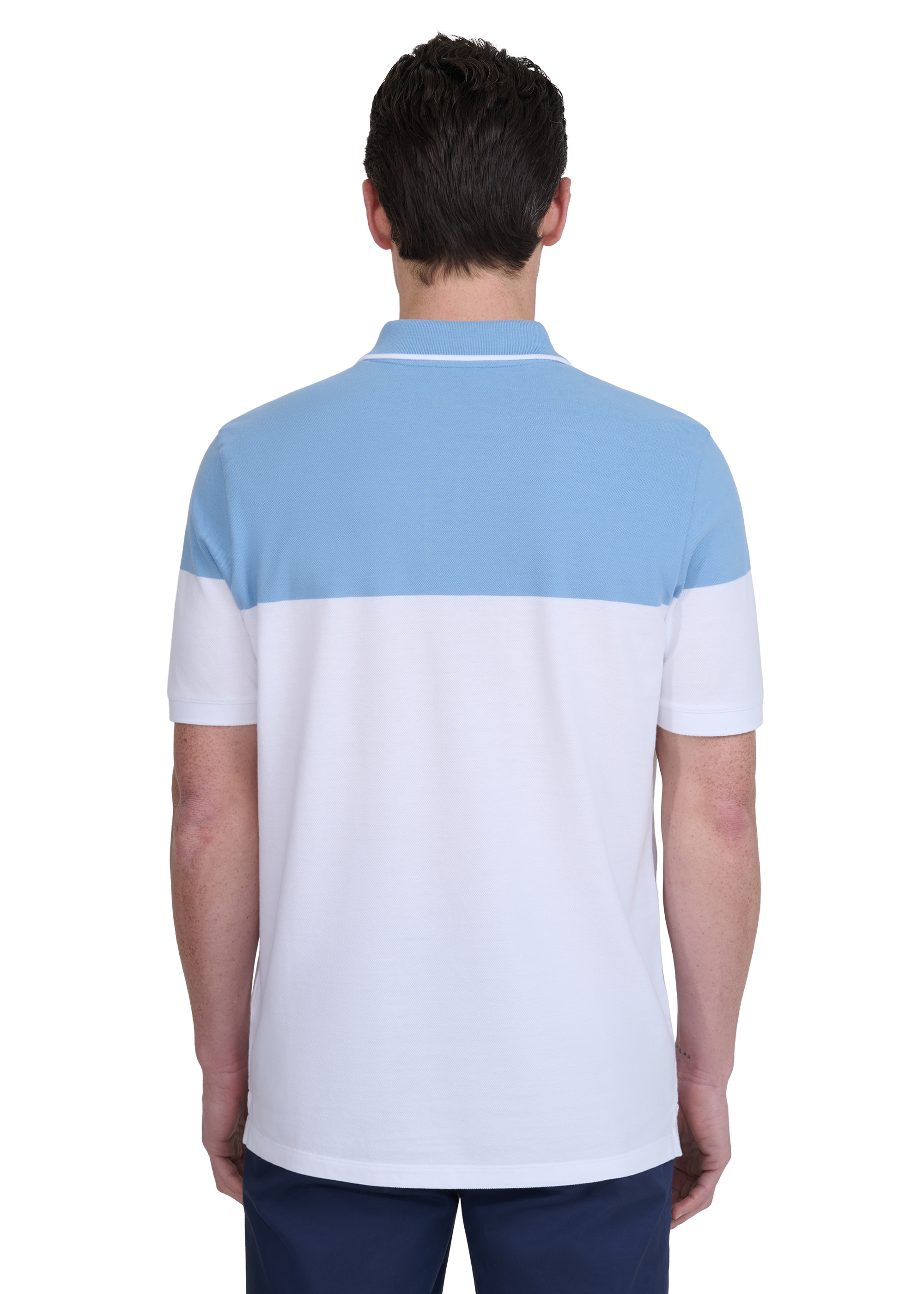 Colour Block Zip Polo Shirt - Dusty Blue/White