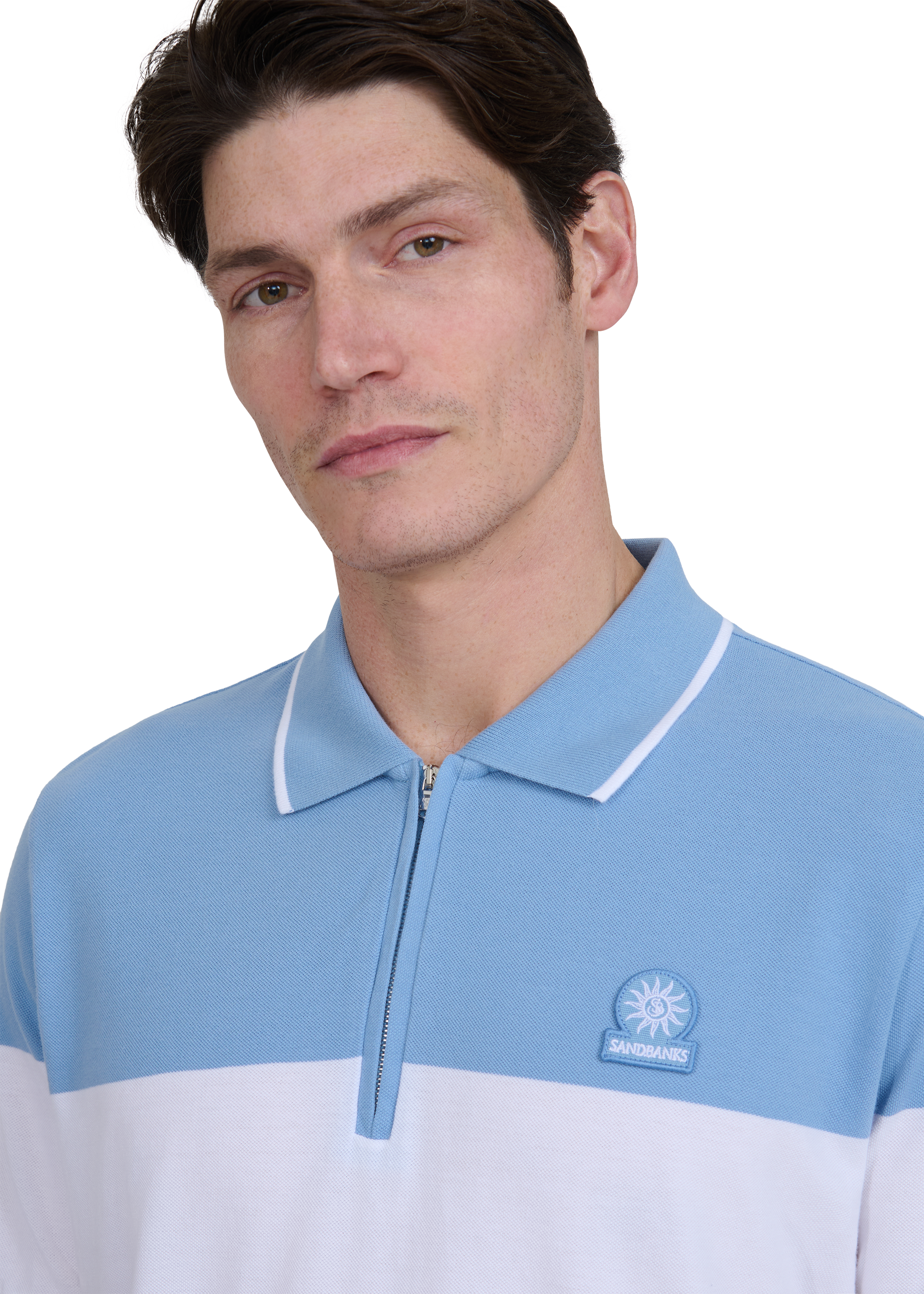 Colour Block Zip Polo Shirt - Dusty Blue/White