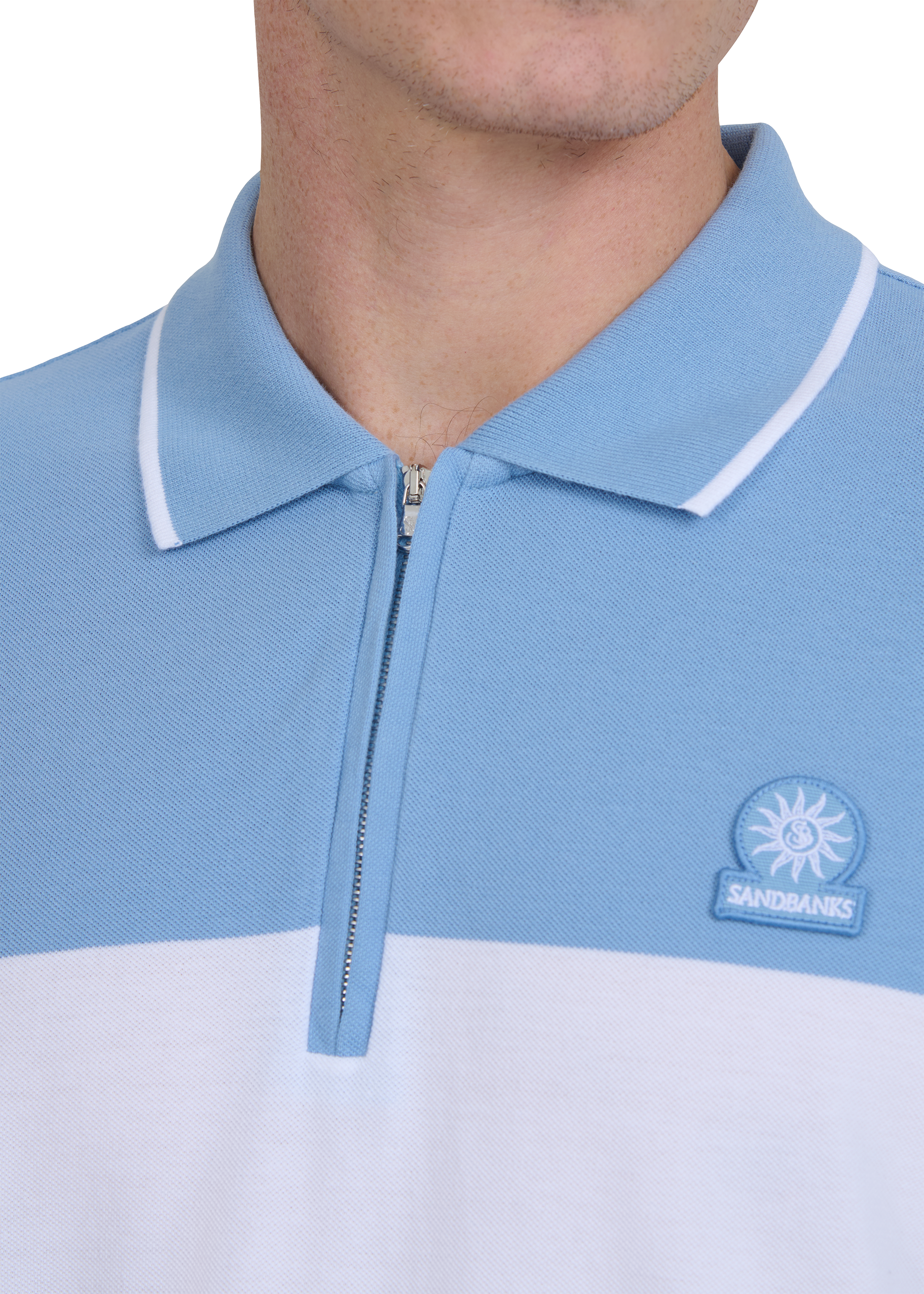 Colour Block Zip Polo Shirt - Dusty Blue/White