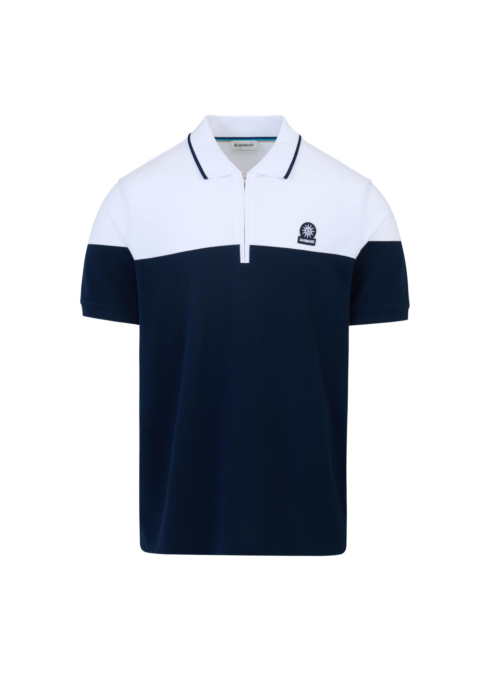 Colour Block Zip Polo Shirt - Navy/White