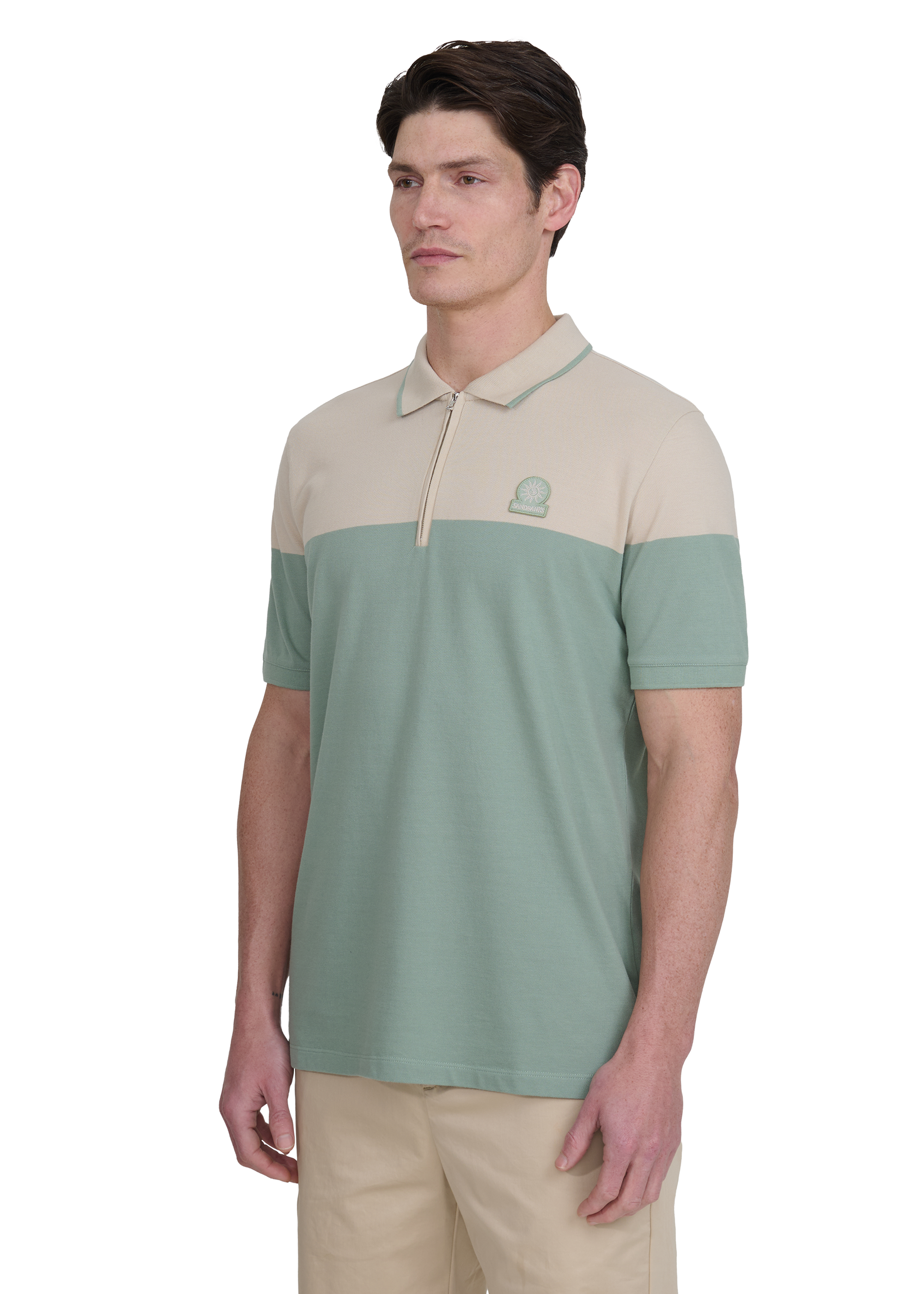 Colour Block Zip Polo Shirt - Stone/Sage