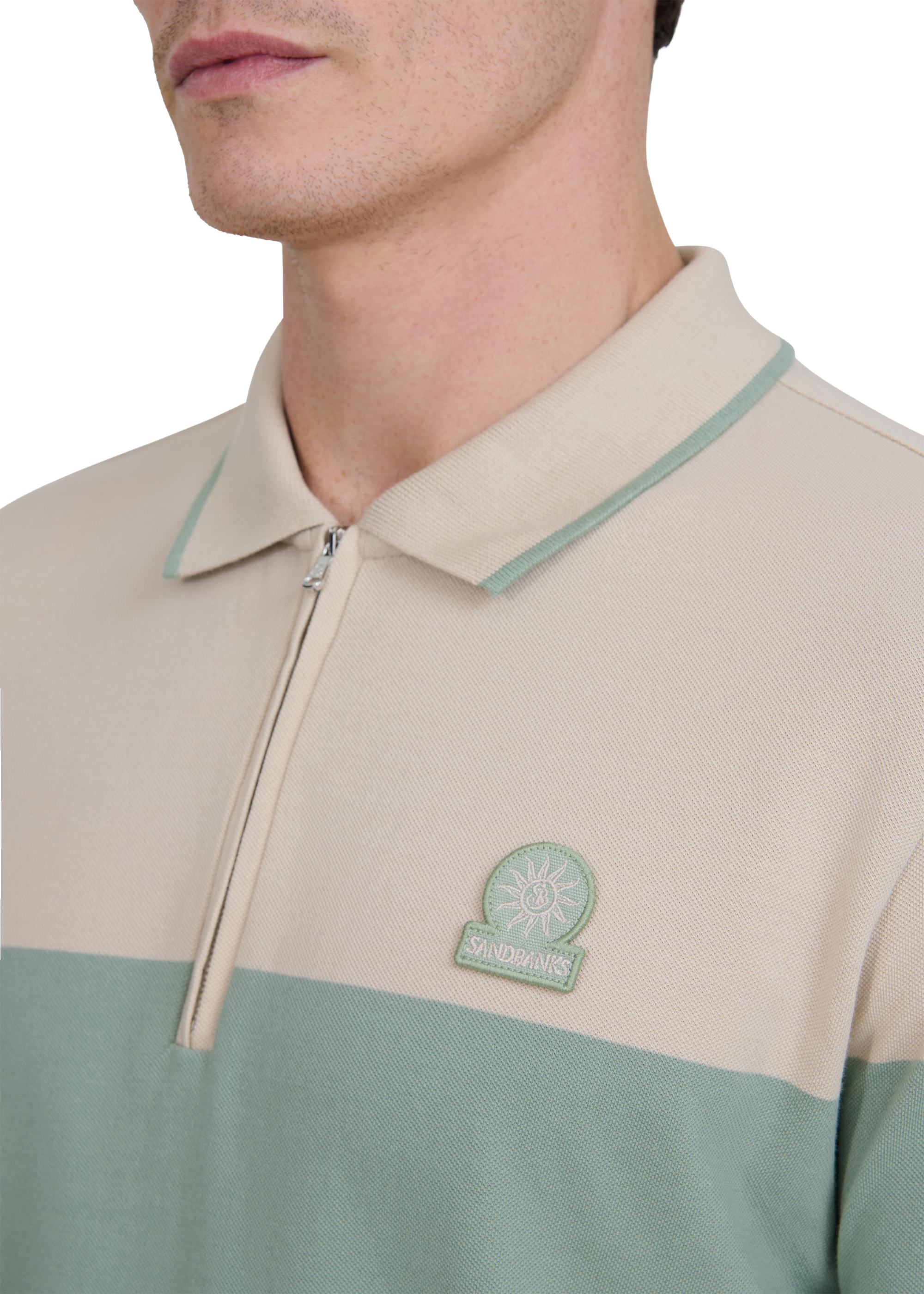 Colour Block Zip Polo Shirt - Stone/Sage